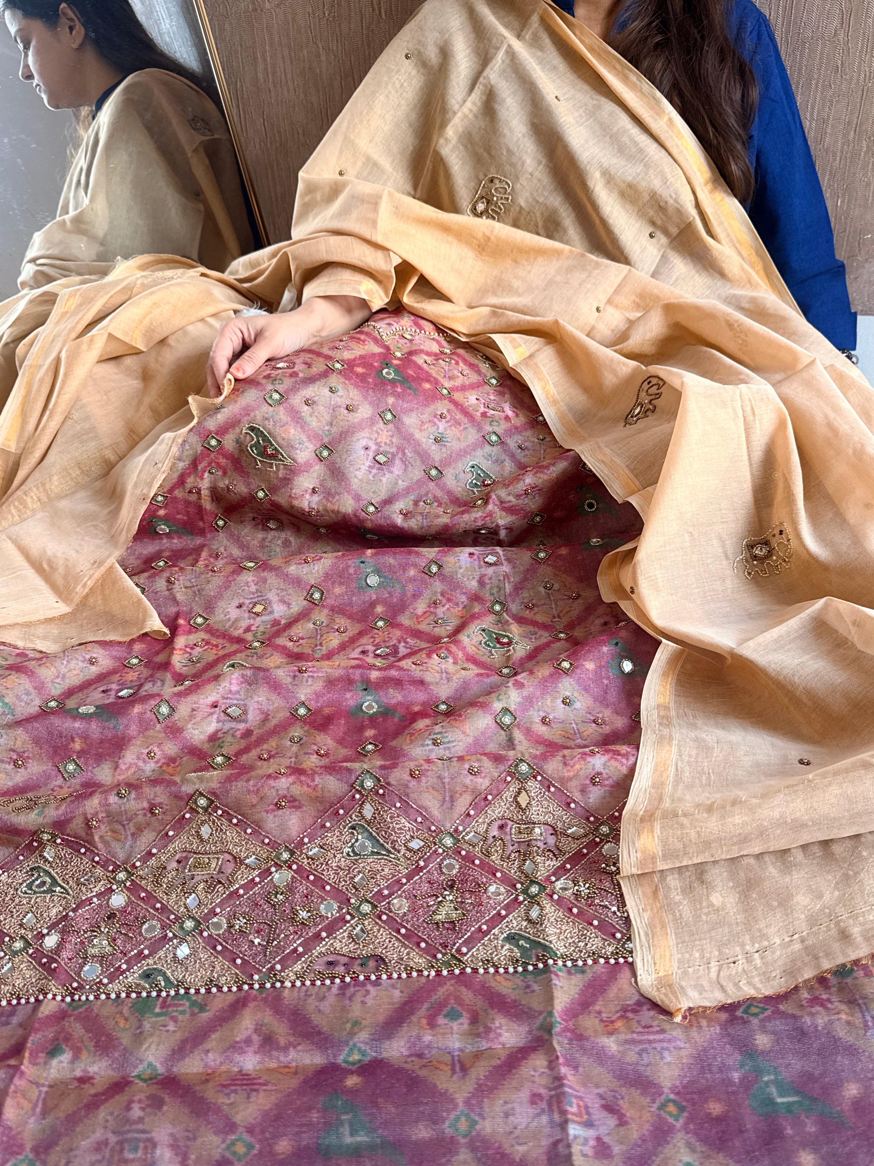 Patola weaving hand embroidered mul cotton tissue suit sets