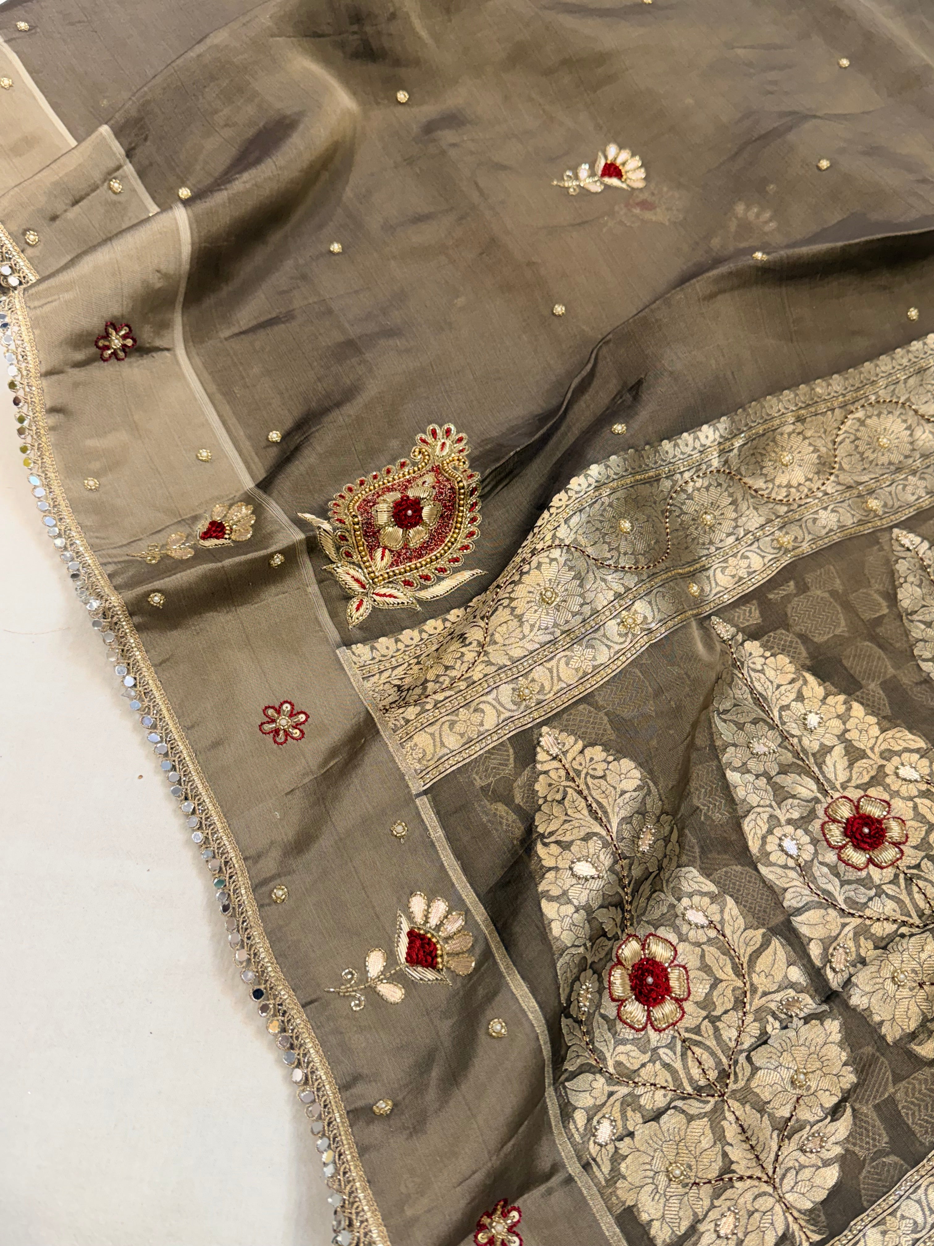 Metal grey tissue silk hand embroidered kadhwa saree