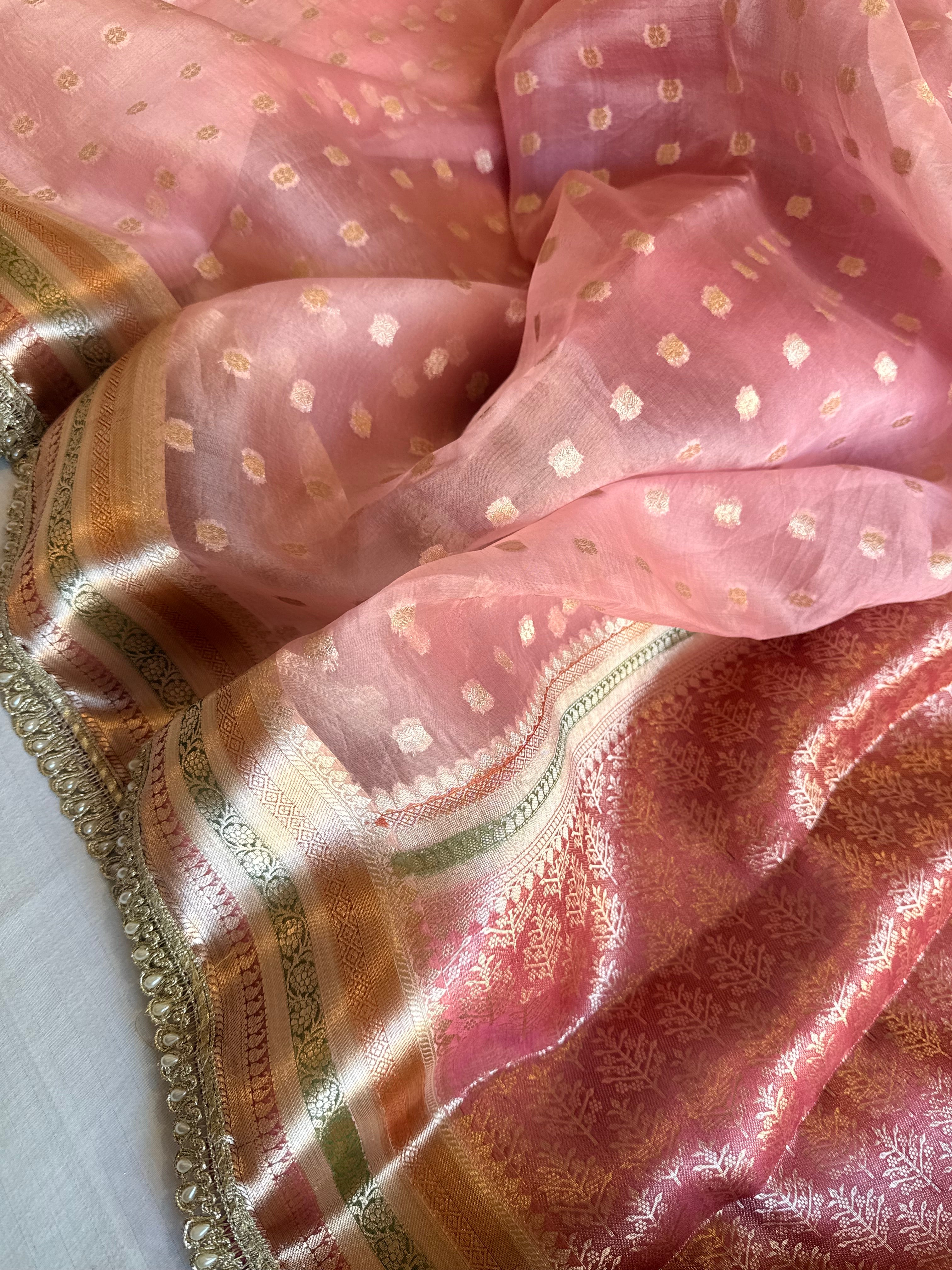 Banarasi kora silk rainbow dyed kadhwa saree with gotapatti work