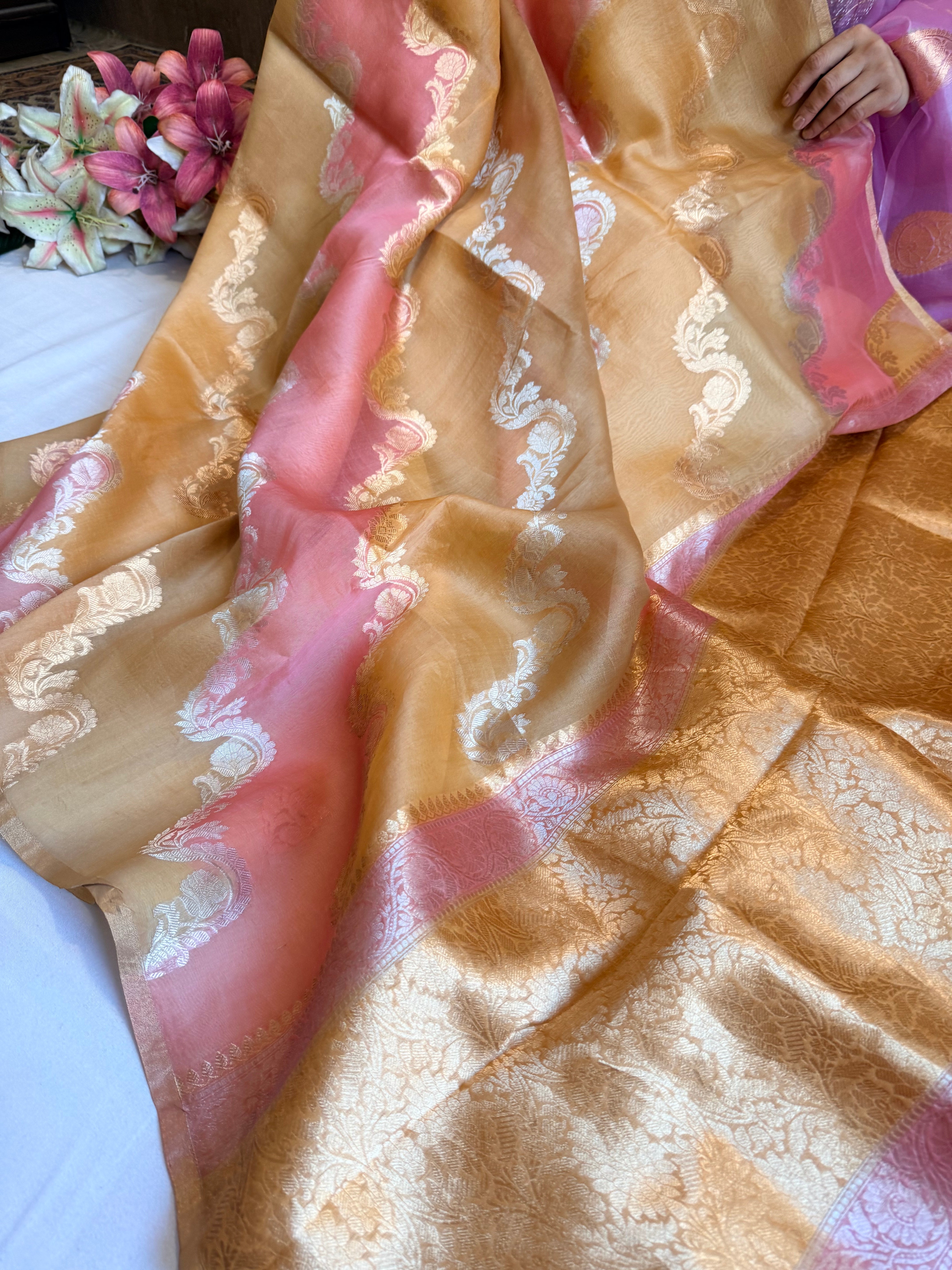Rangkaat dyed rainbow dyed kora silk kadhwa sona rupa handloom saree