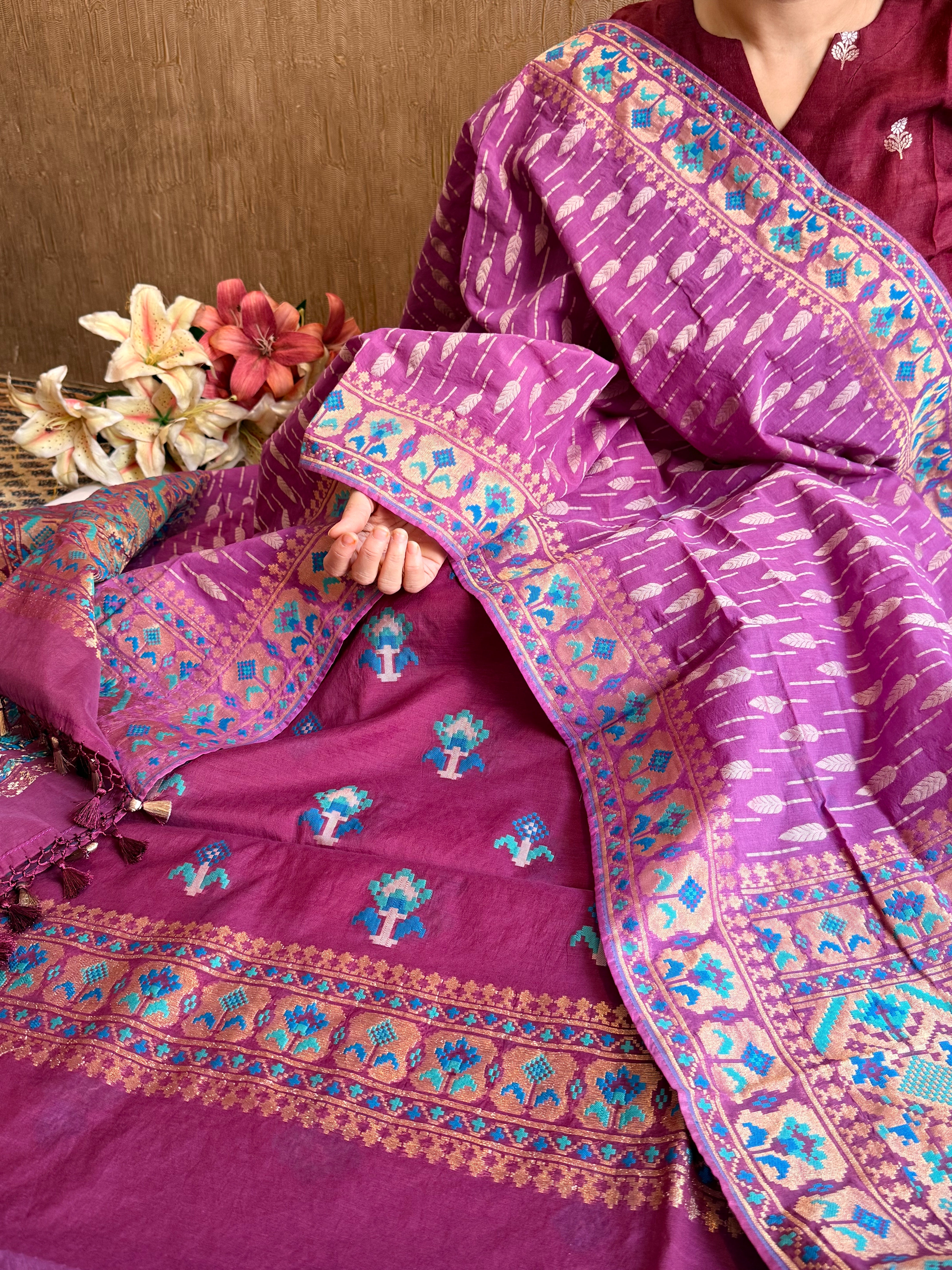 Mul cotton banarasi kadhwa buti plum purple suit set