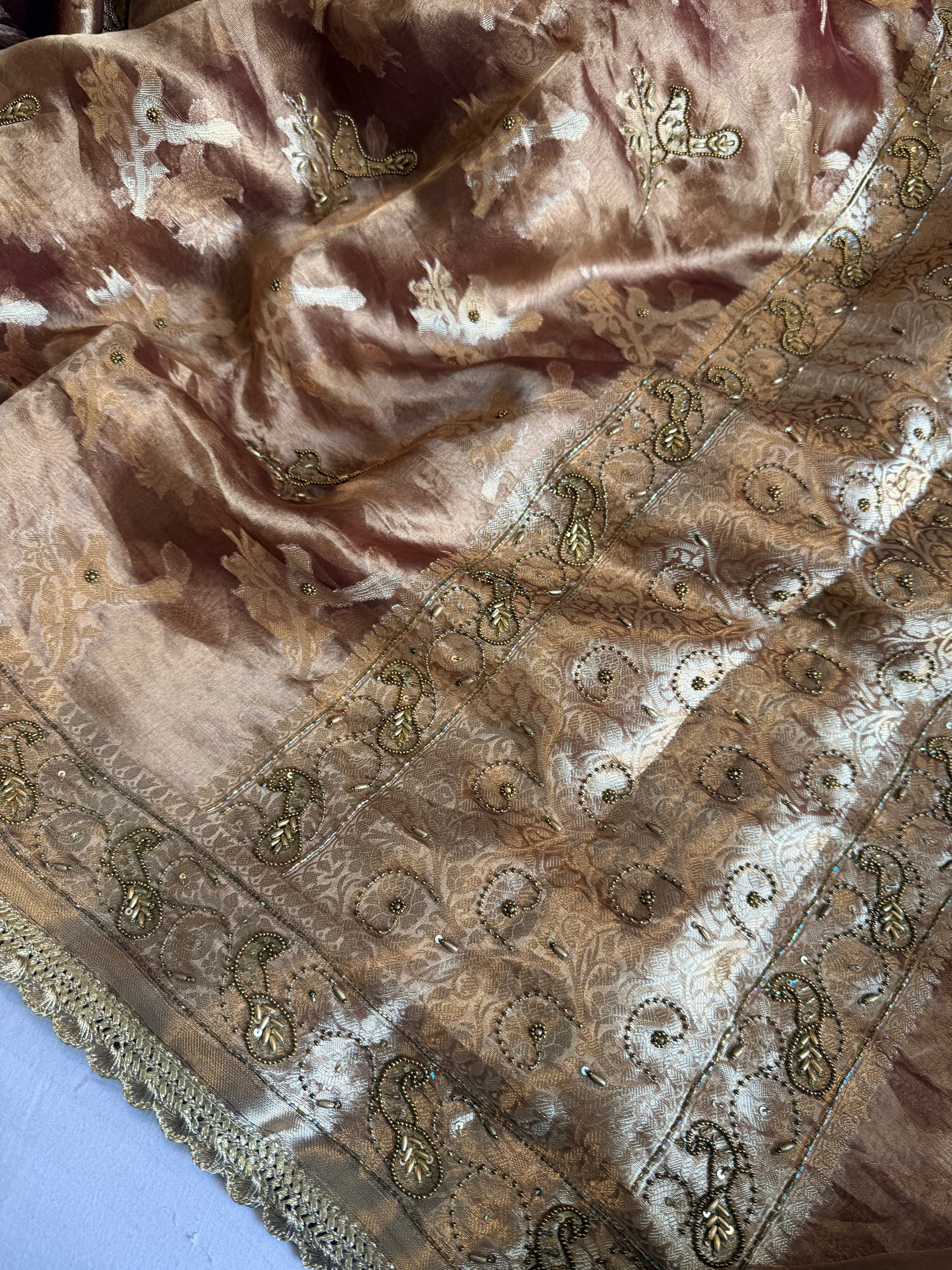 Chiraiya wali saree - Choco brown tissue silk figure motif weaving and hand embroidered saree
