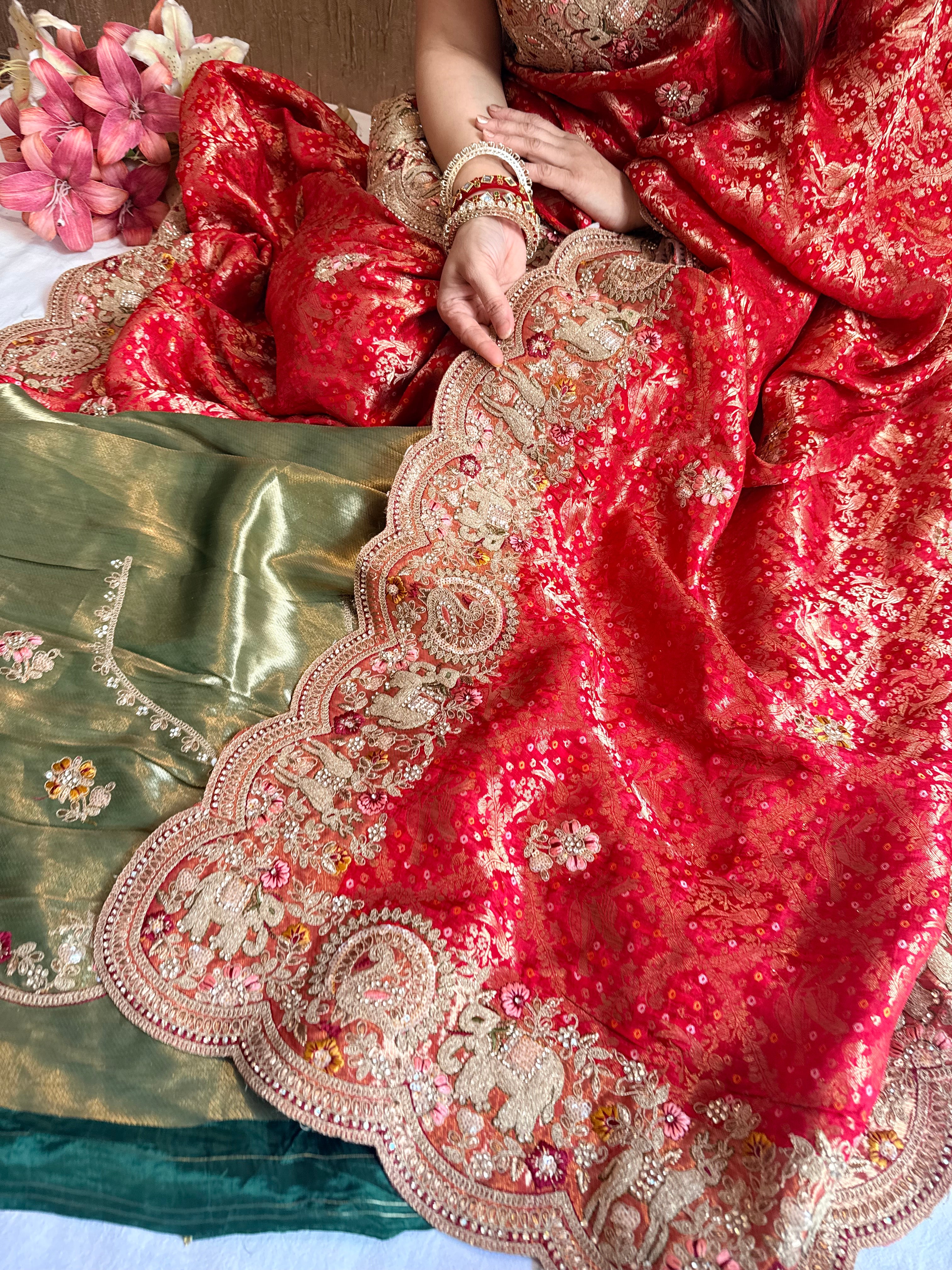 Banarasi bandhej crepe tissue silk  embroidered saree
