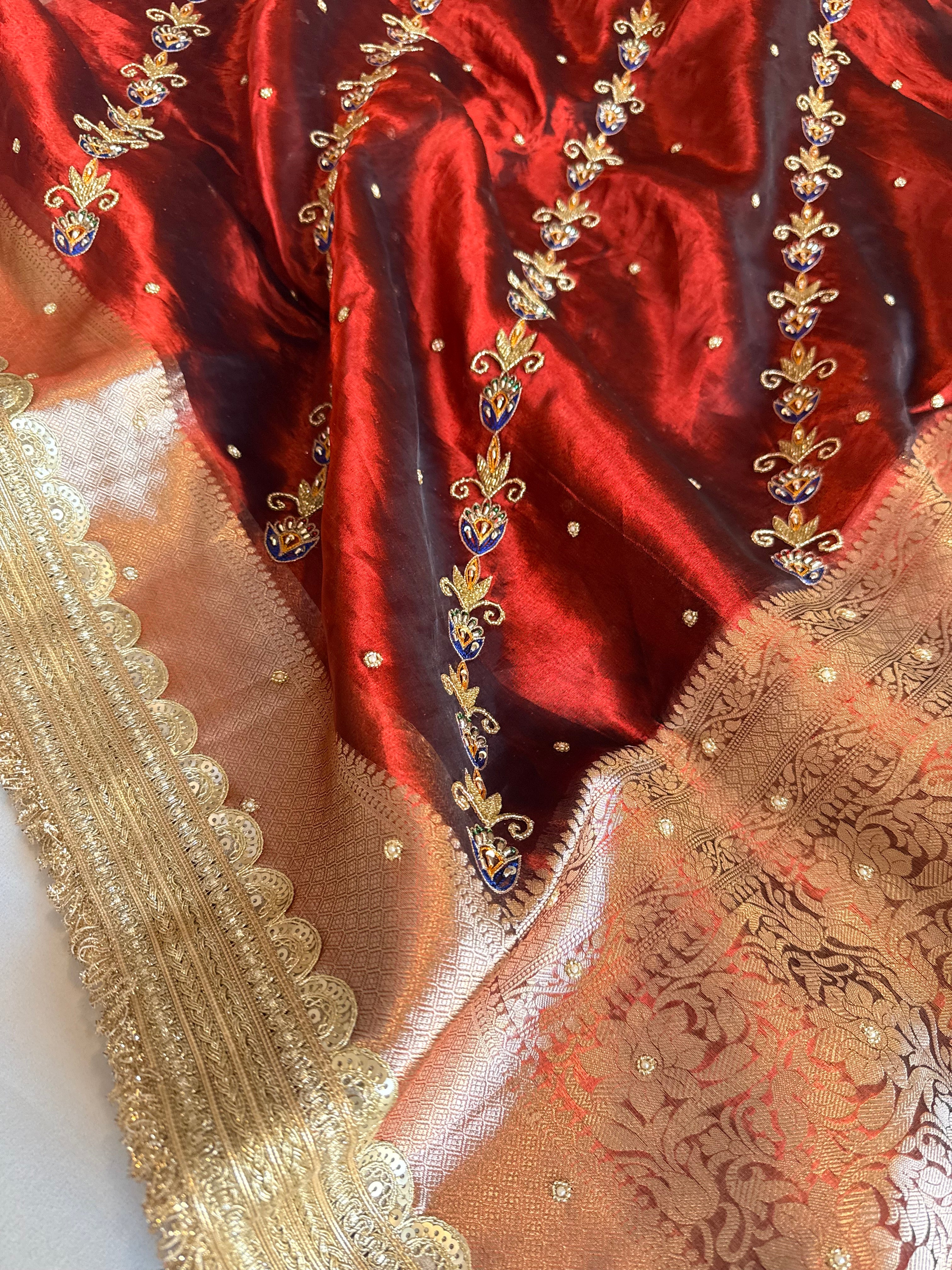 Maharani chand buta kadhwa tissue silk hand embroidered saree duppata set