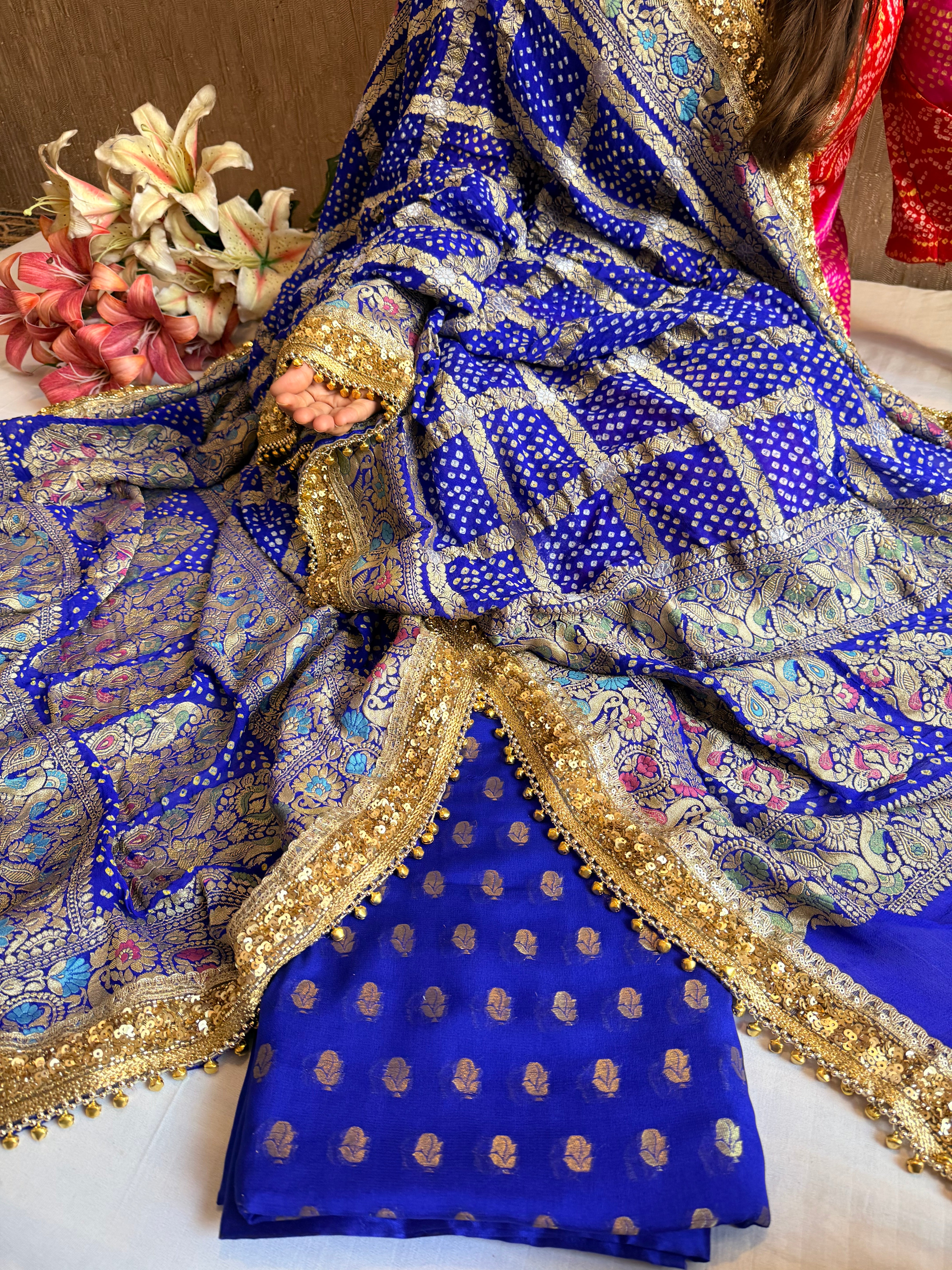Banarasi bandhej electric blue ghungroo and sequin work chiffon gorgette kadhwa suit set