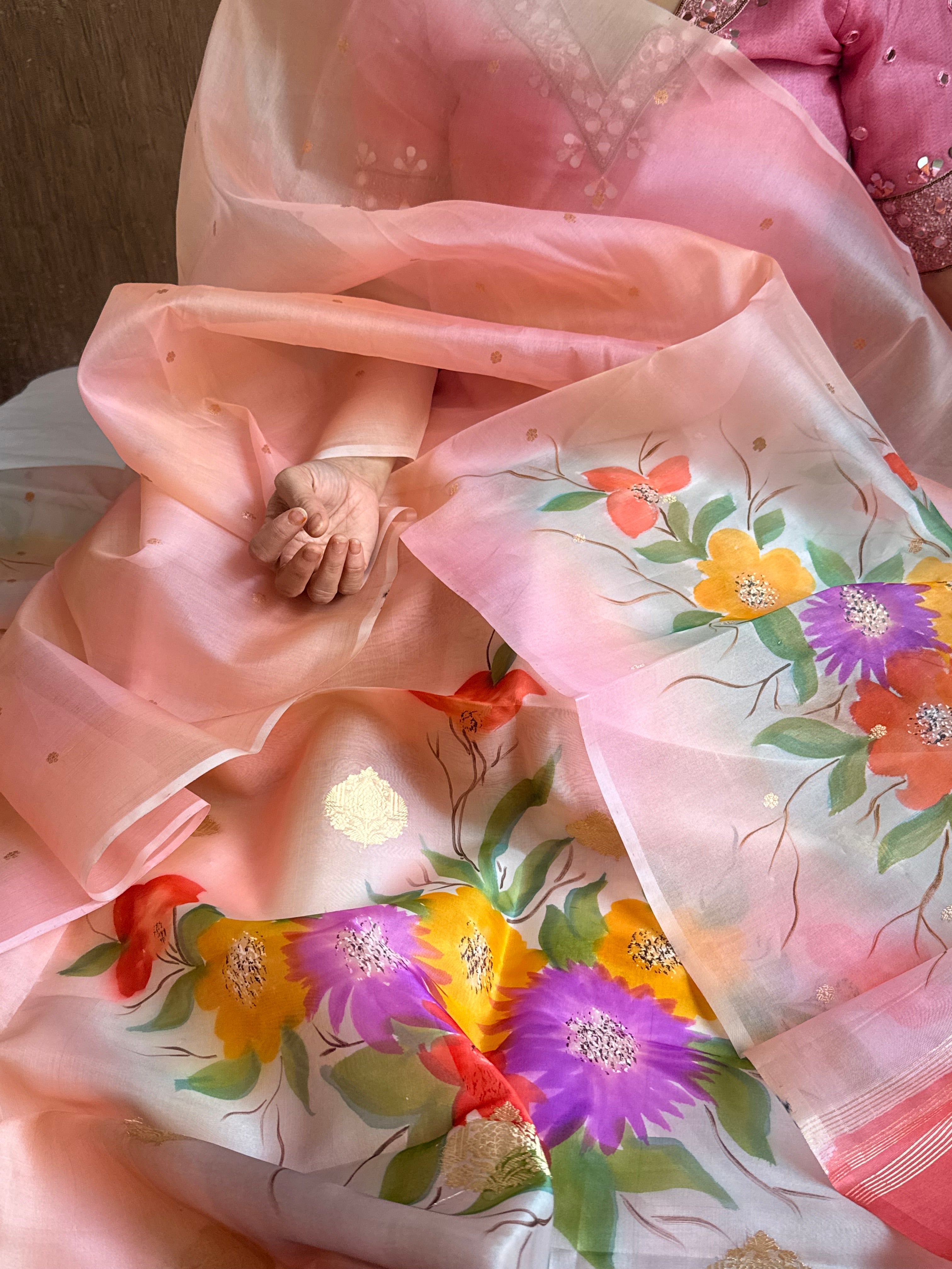 Banarasi kora silk handpainted ghatwork kadhwa buti rainbow dye suits