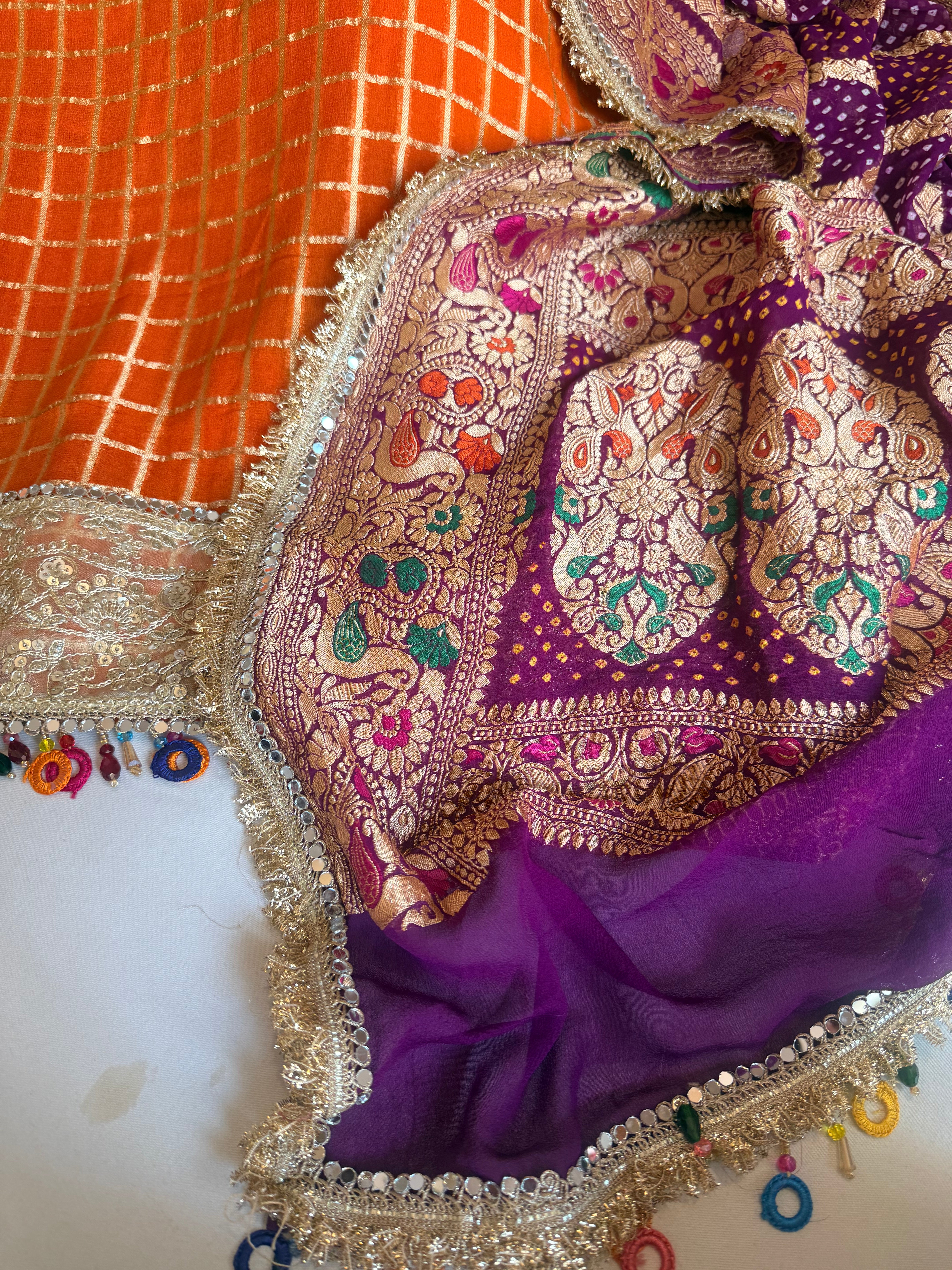Banarasi chiffon gorgette bandhej gharchola weaving suit set