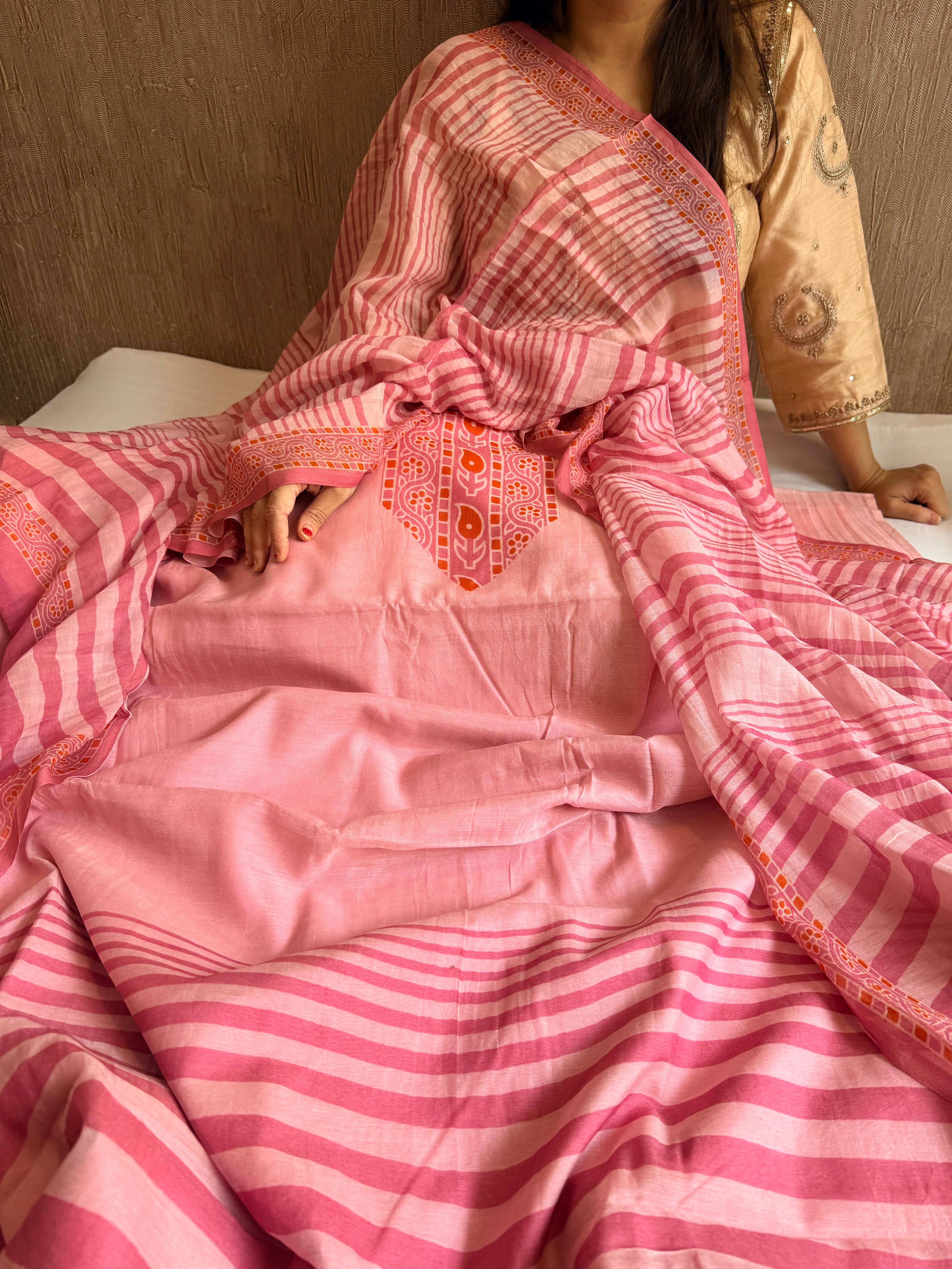 Onion pink mul cotton printed kadhwa weaving suit set