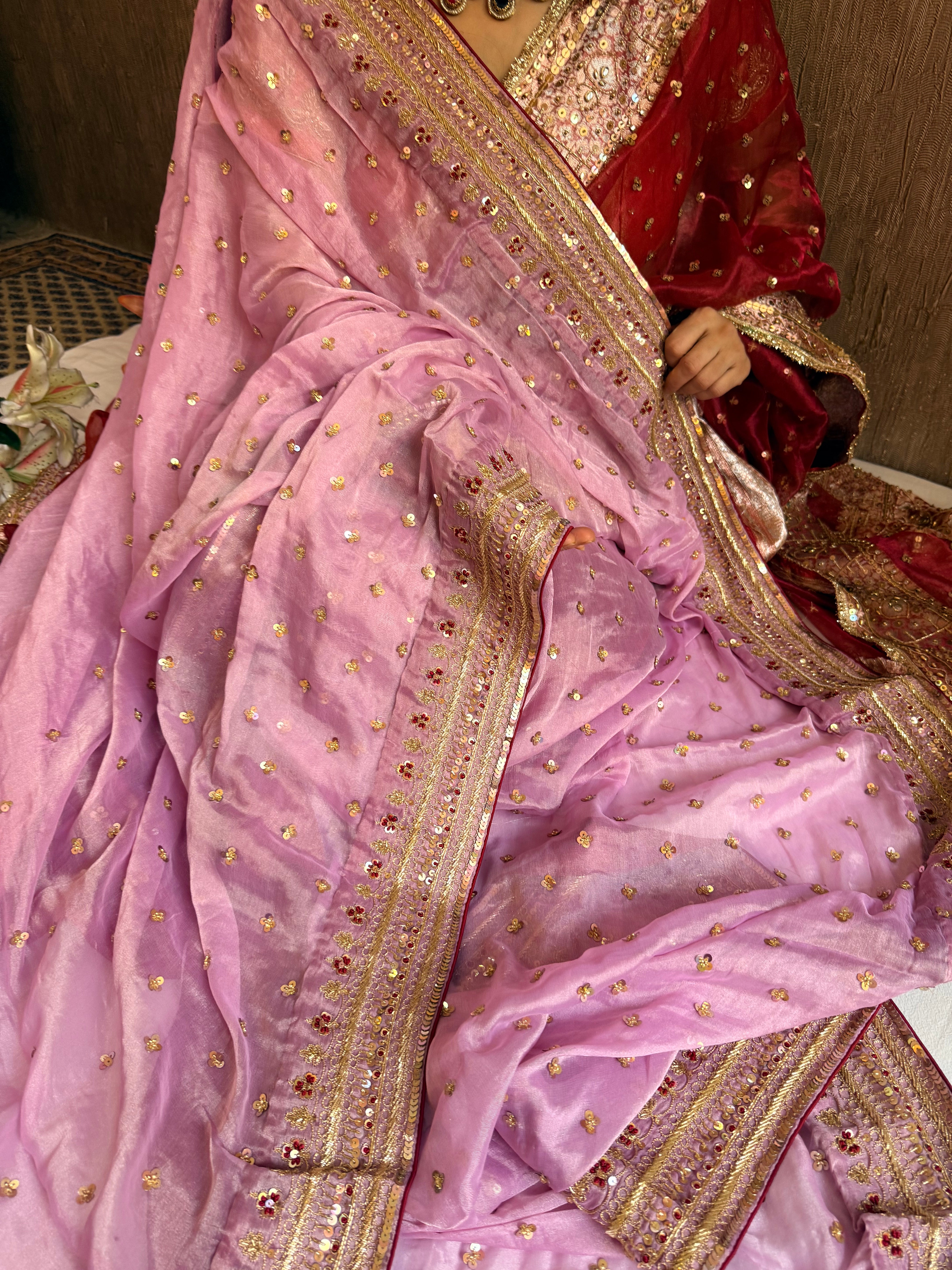 Blush pink tissue gorgette chunri buti hand embroidered kadhwa saree