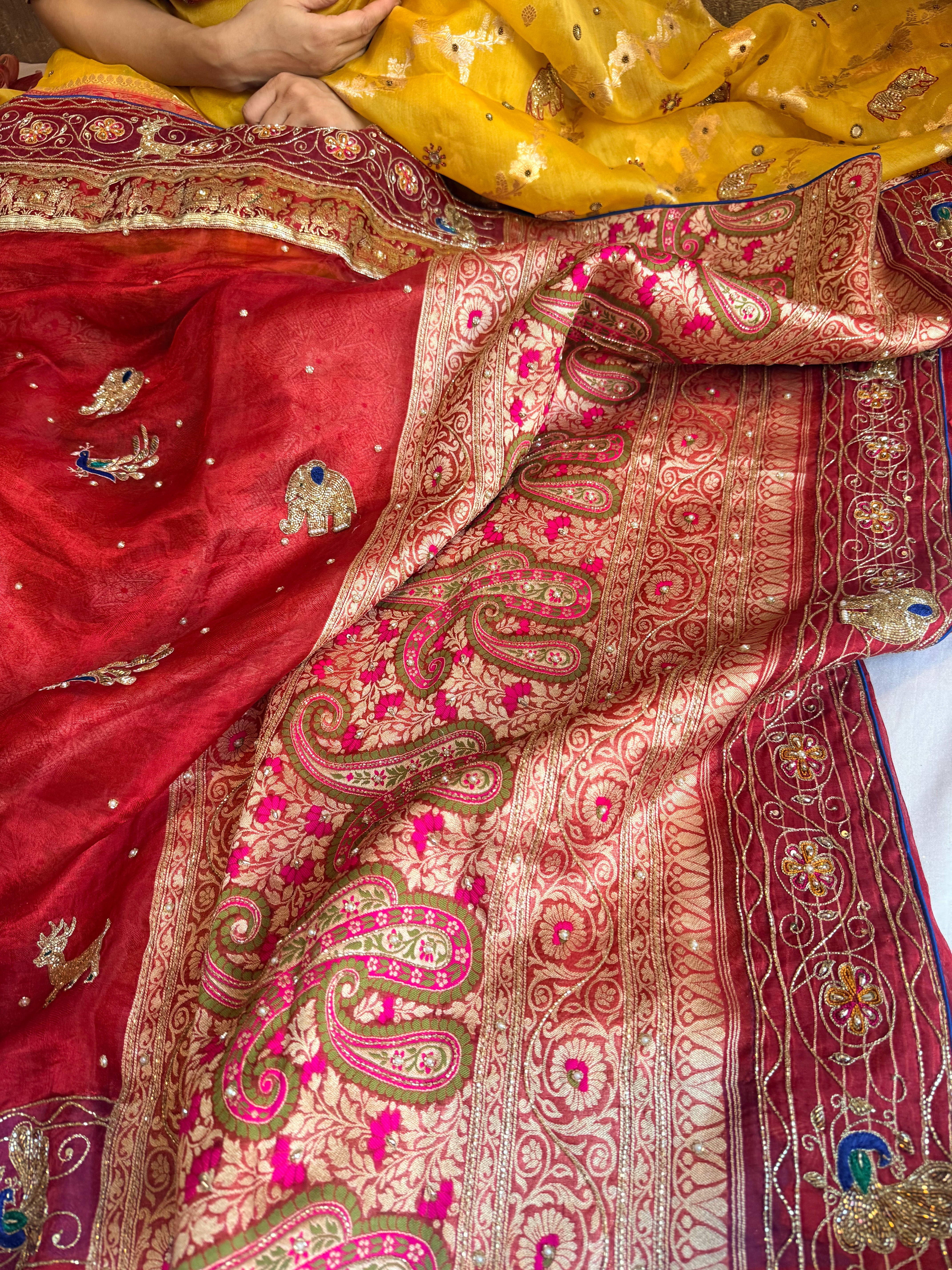 Laal banarasi border phere wali tissue silk meenakari hand embroidered saree