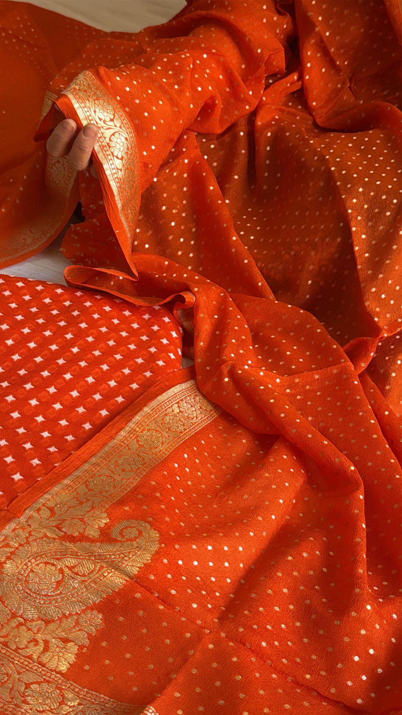 Vivah edit - Fanta orange chiffon gorgette chunri buti banarasi suit set