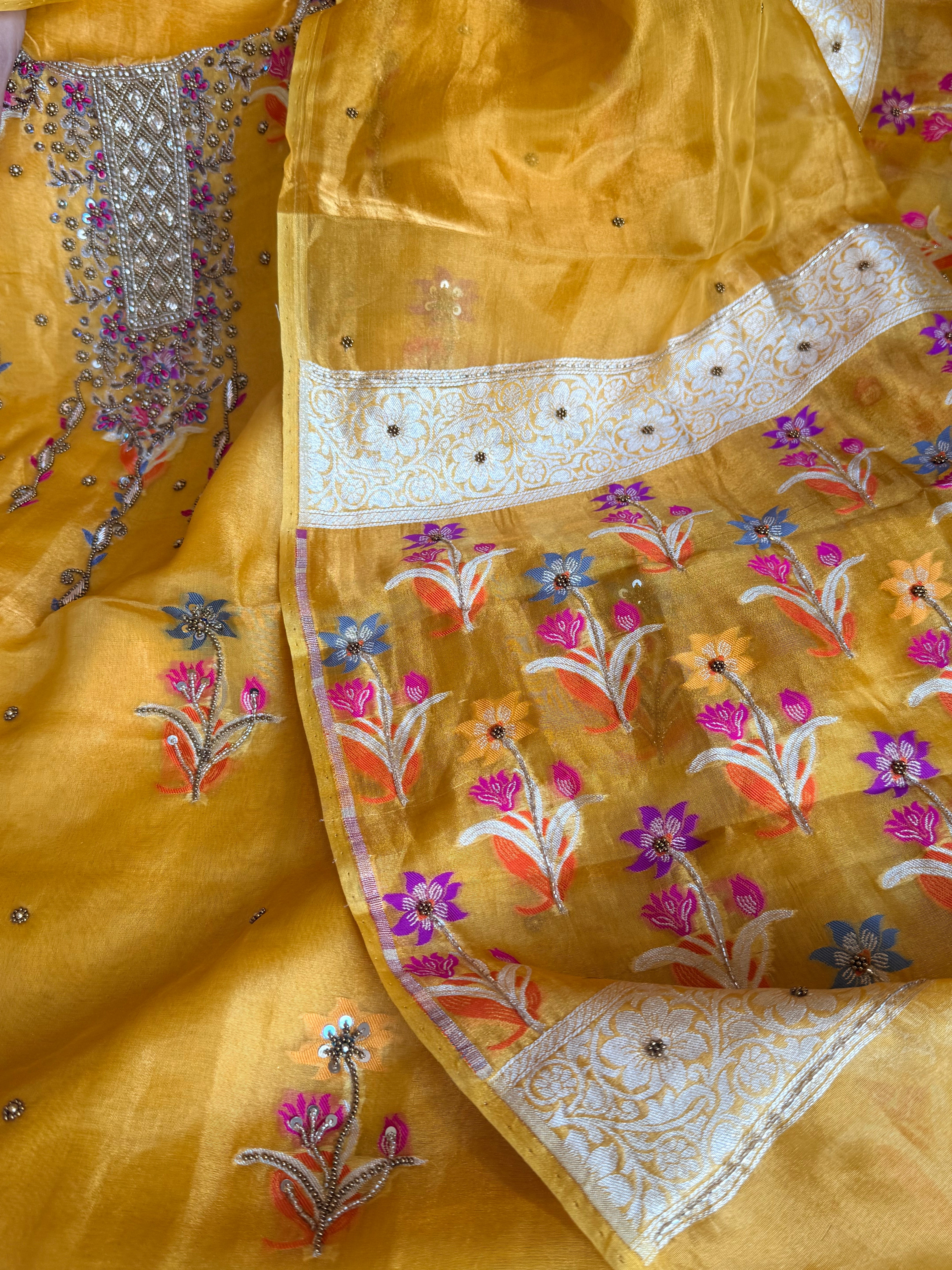 Banarasi tissue silk haldi yellow tissue silk meenakari hand embroidered suit set