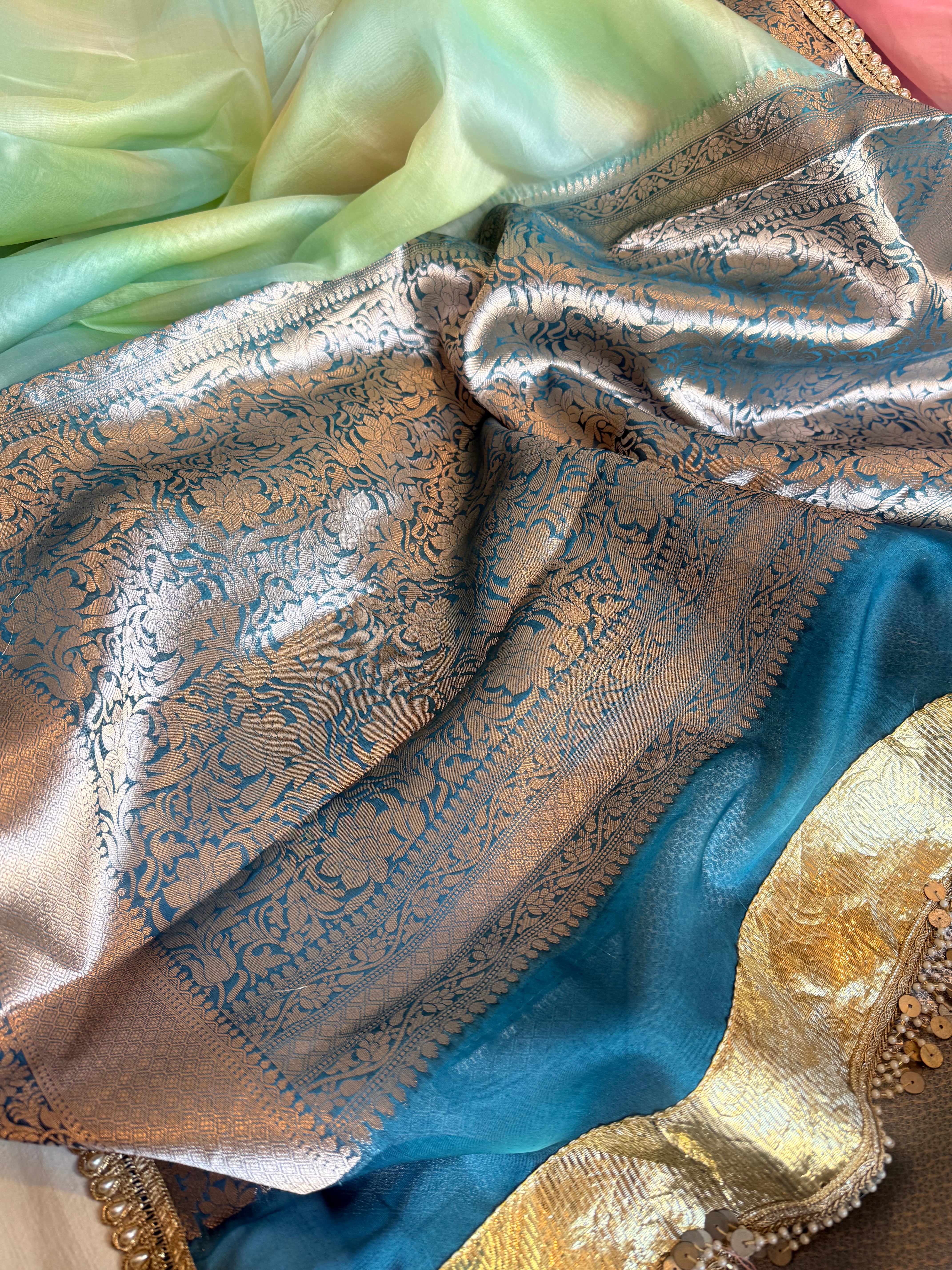 Banarasi kora silk rainbow dyed kadhwa saree with gotapatti work