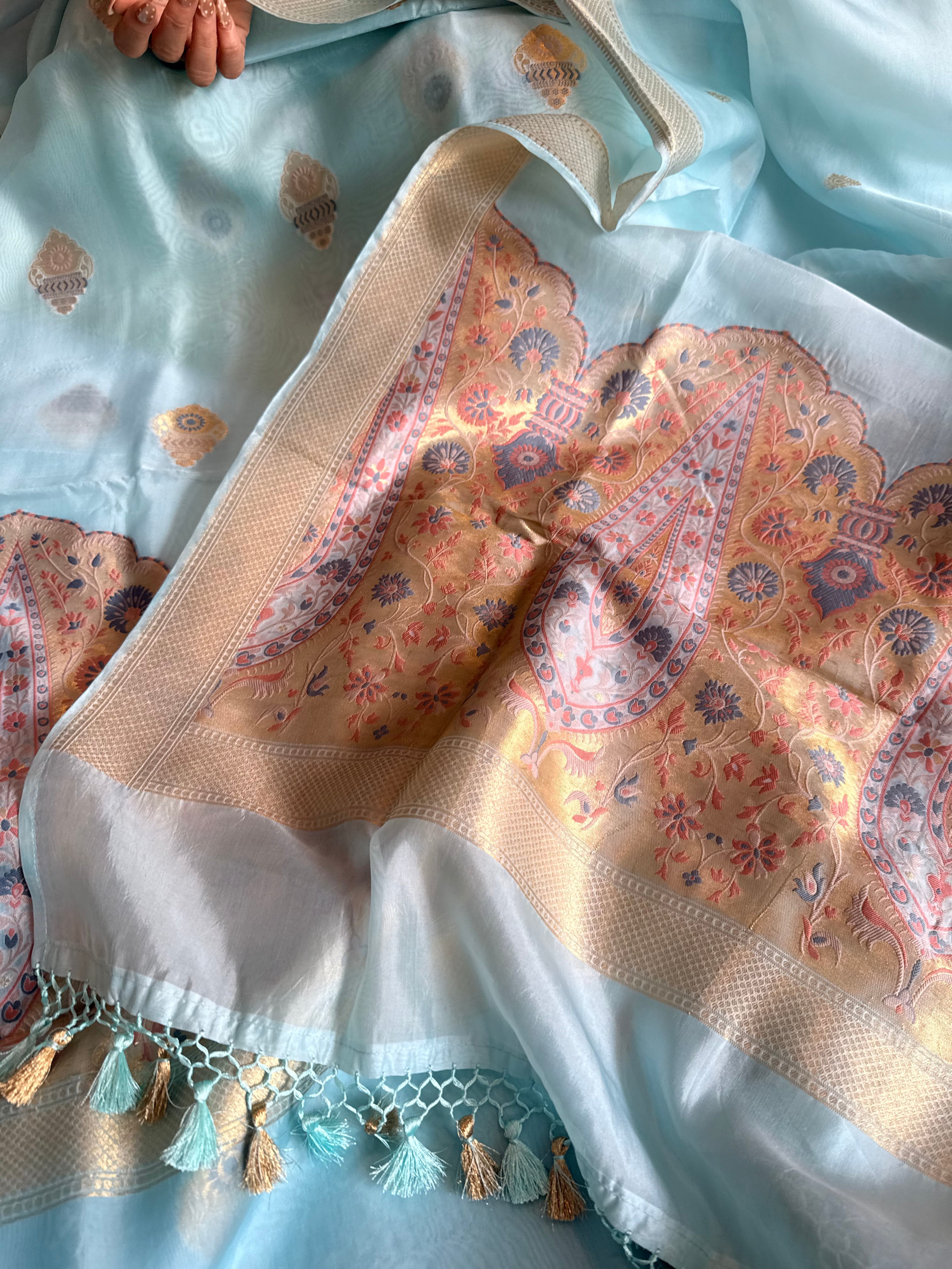 Butter silk banarasi ice blue meenakari kadhwa weaving suit set