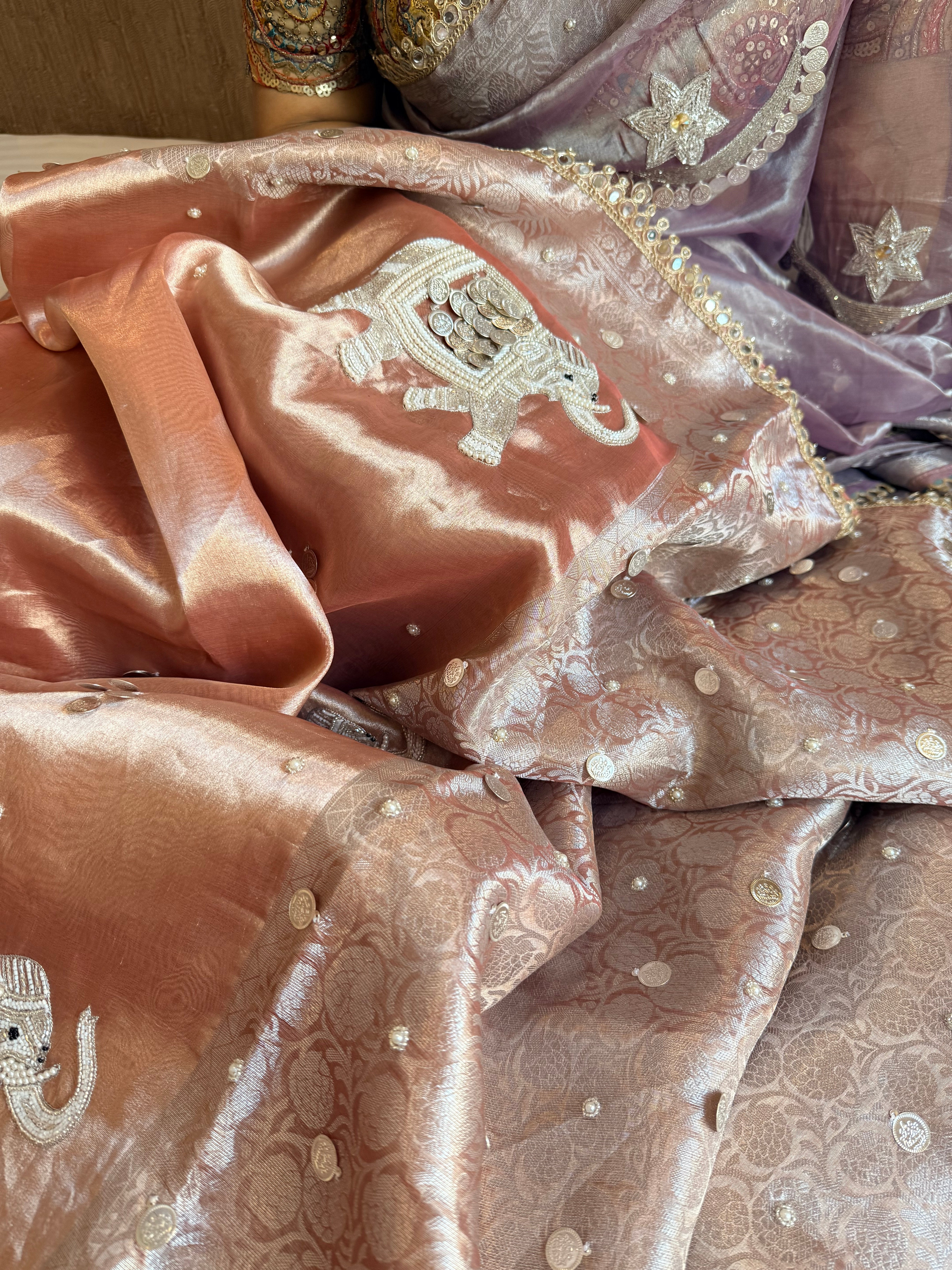 Gulabi jadau edit - Blush pinkish peach tissue silk jadau work hand embroidered saree
