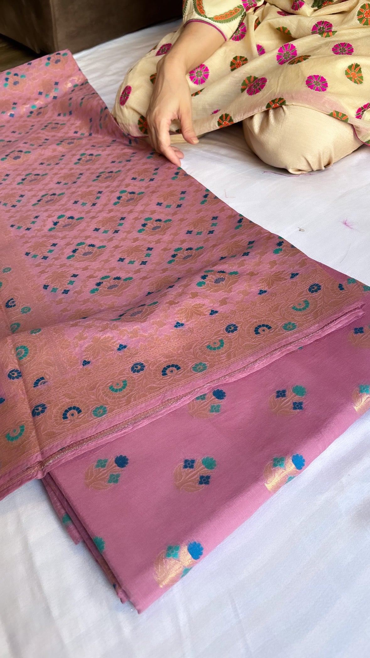 Banarasi soft pink cotton resham meenedar suit set