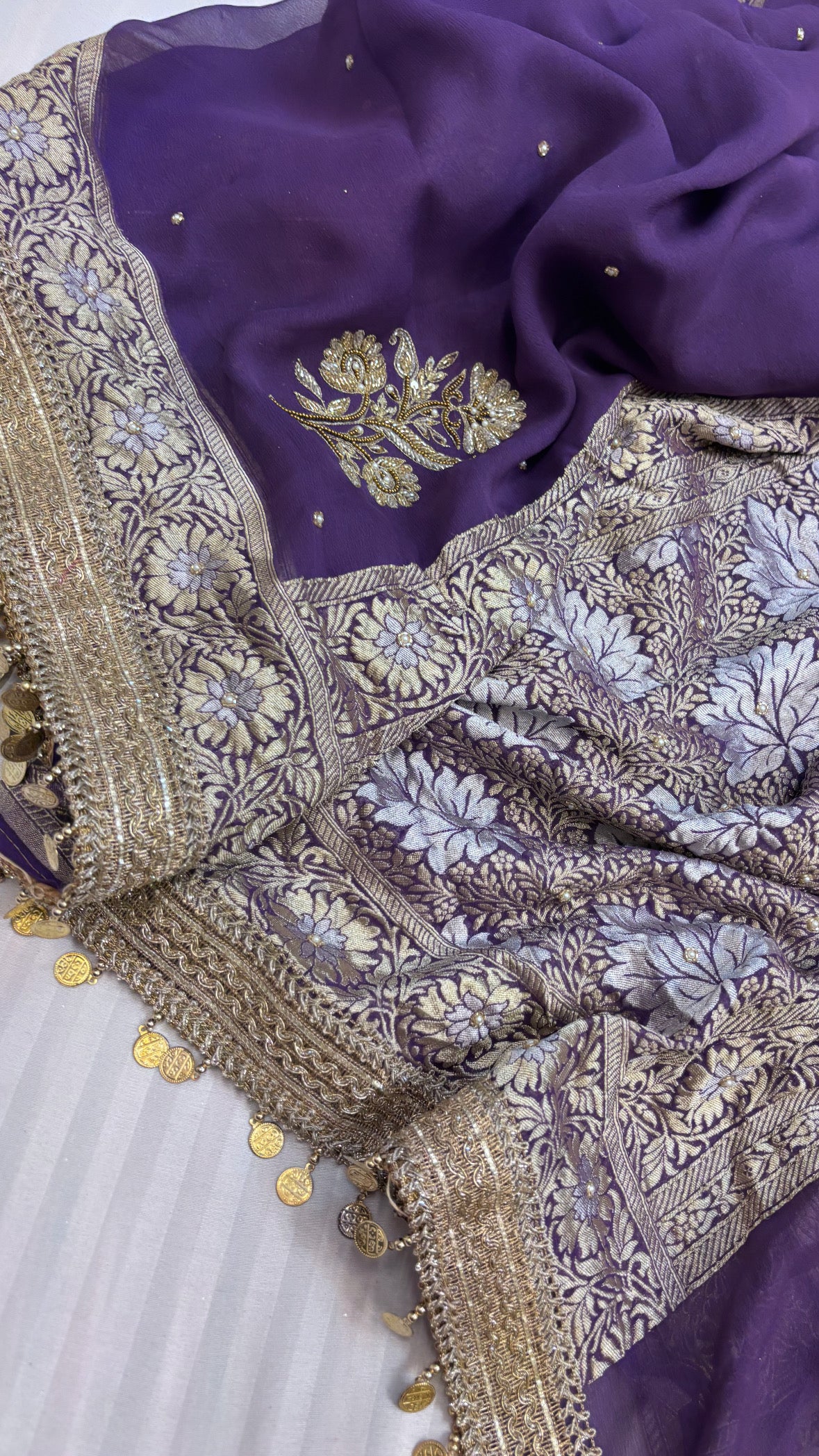 Midnight deep lavender heer gorgette hand embroidered saree