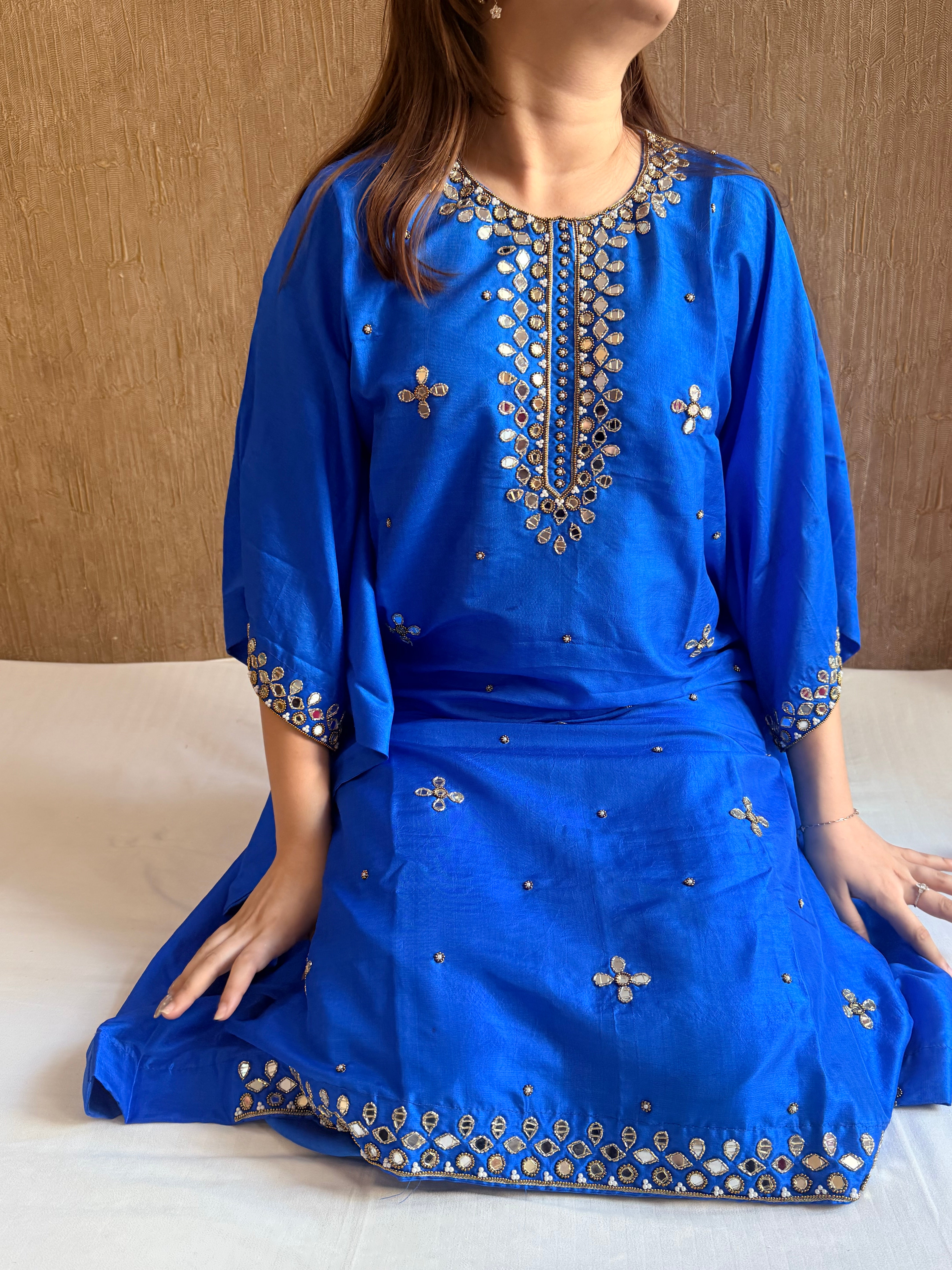 Mashru satin silk banarasi mirrorwork free size kaftan set with bottom