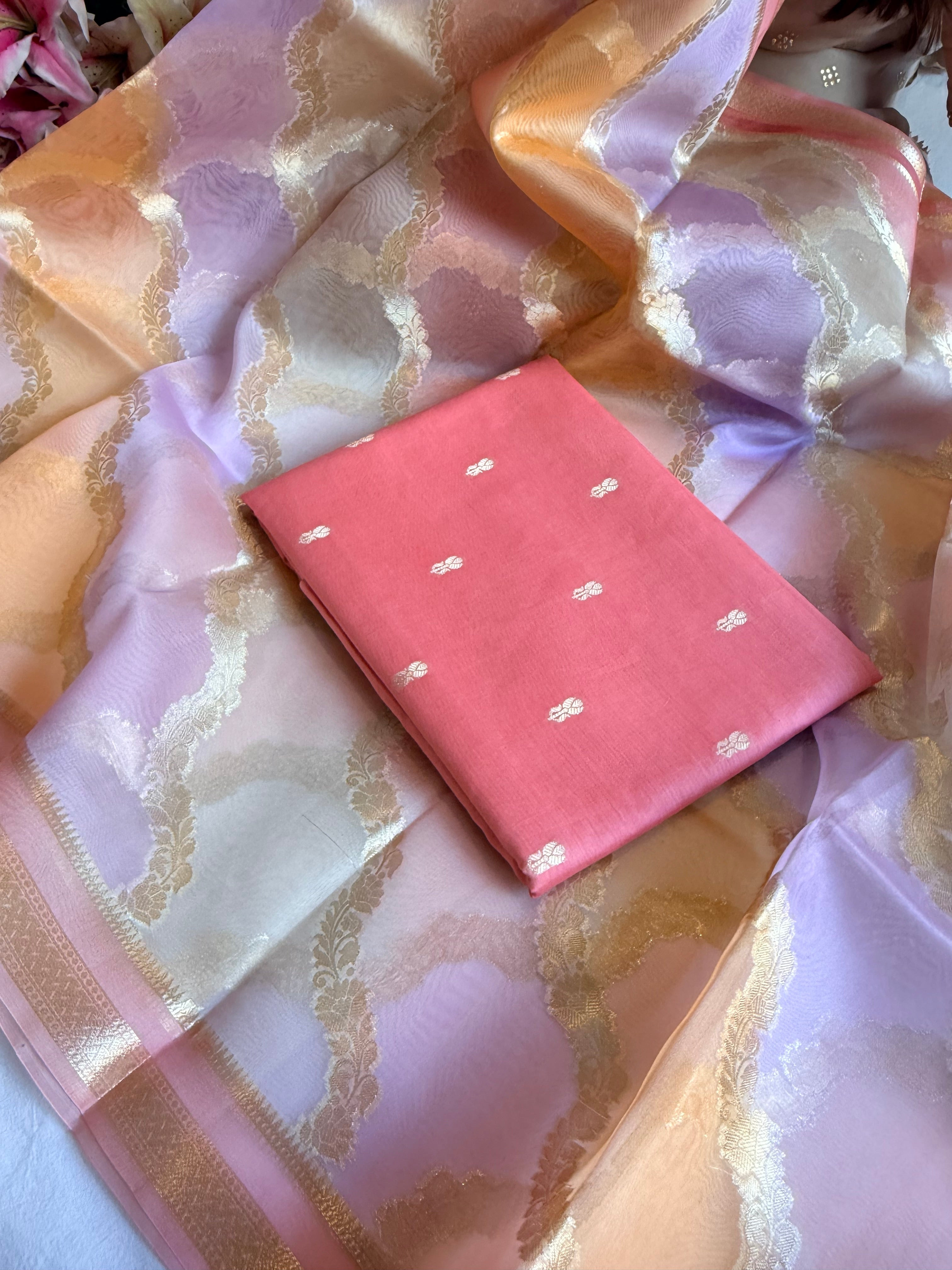 Banarasi chiniya silk kurta paired with candy colours rangkaat kora silk duppata