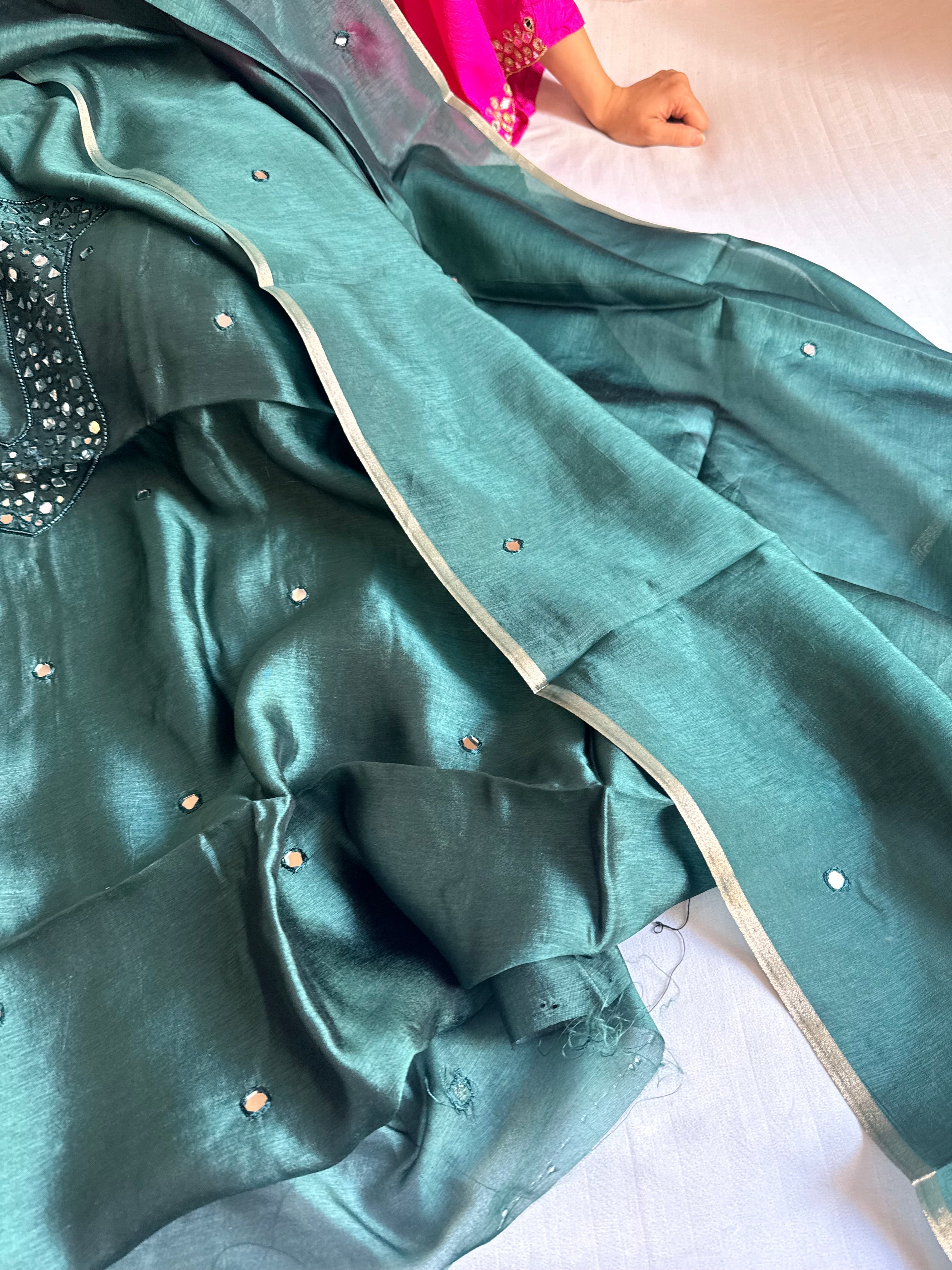 Spun chiniya silk mirror work hand embroidered banarasi suit set