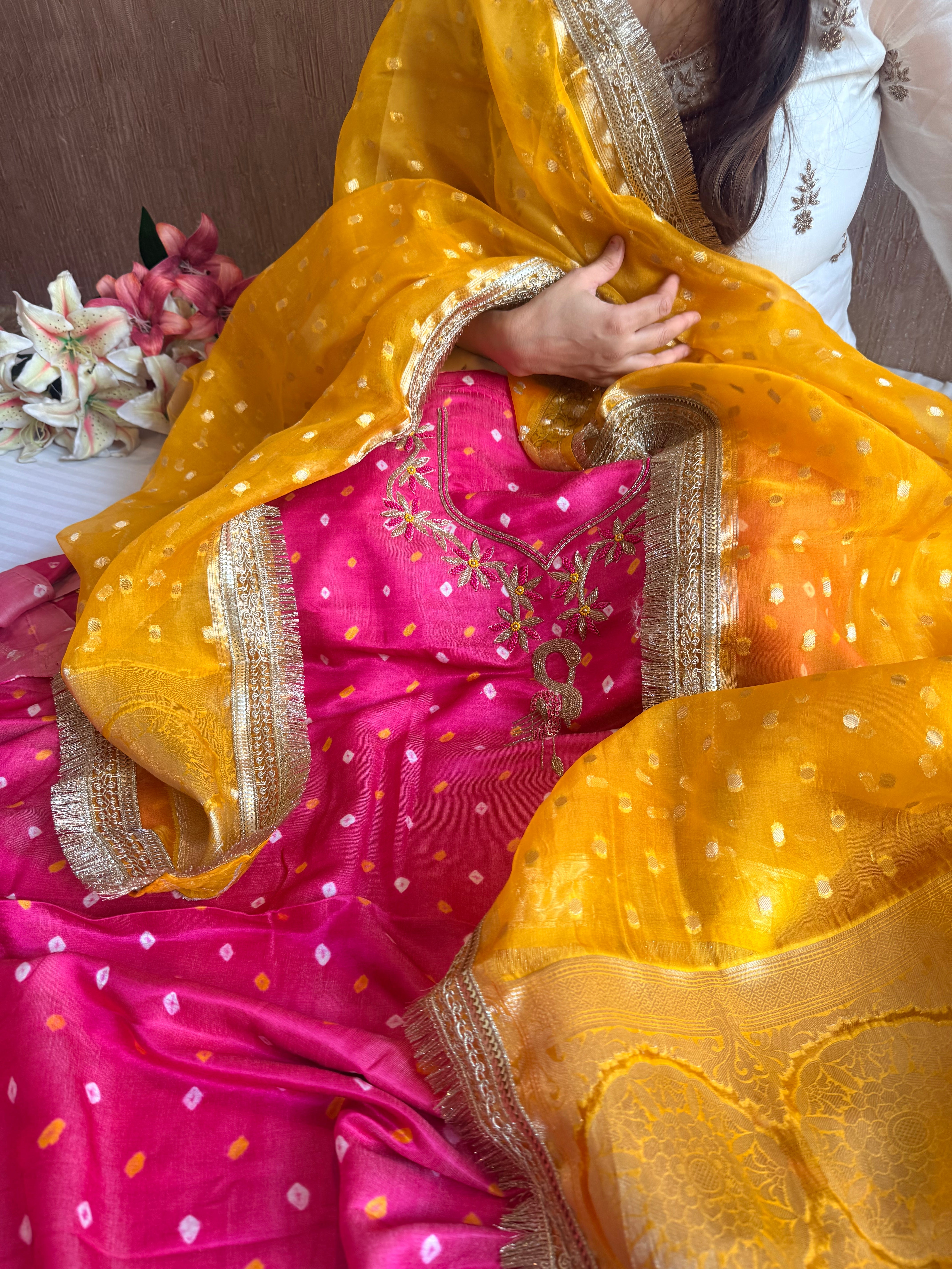 Hot pink - haldi yellow chiniya silk kadhwa buta kurta paired with kora silk red duppata