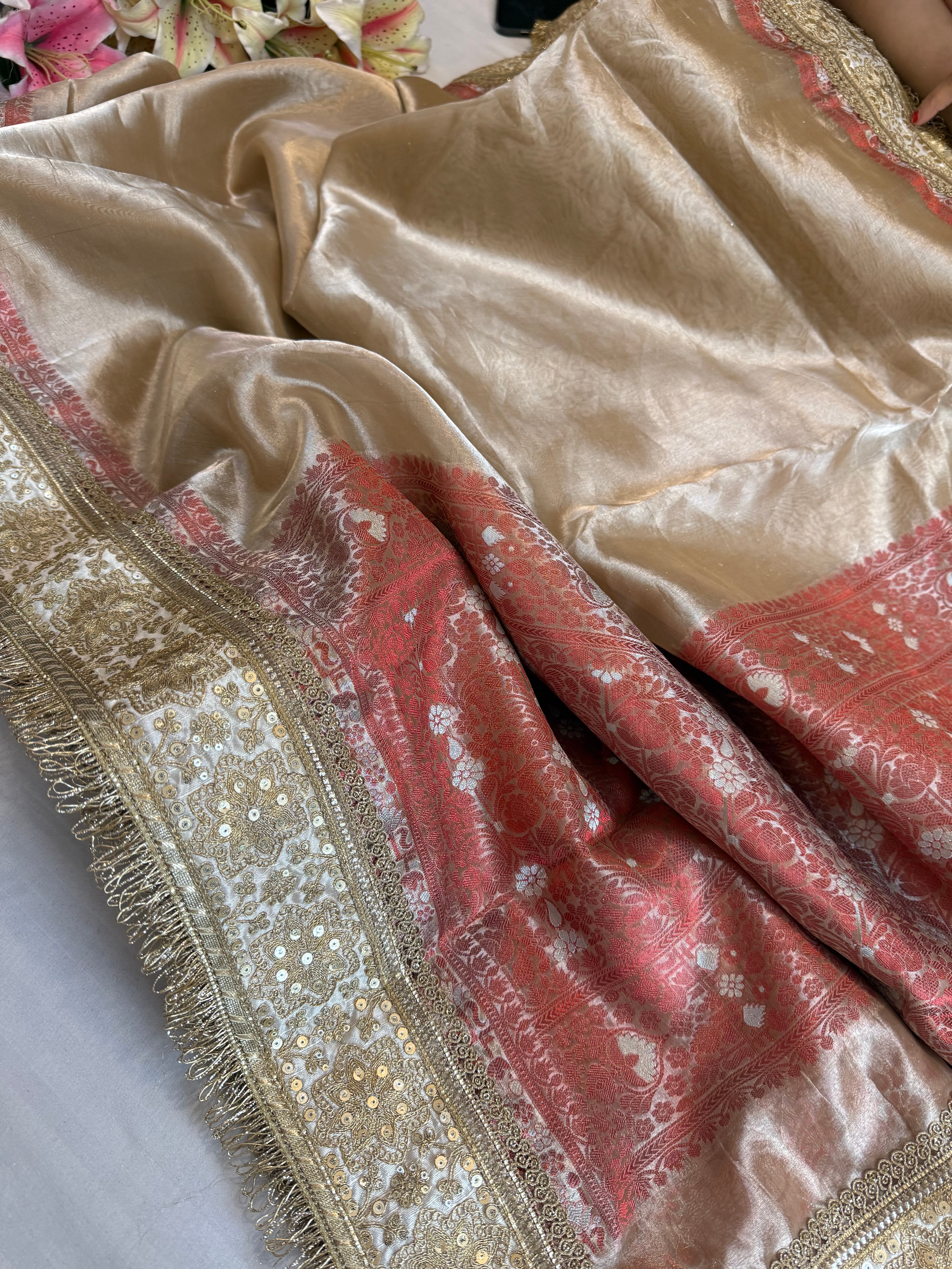 Maharani champagne gold tissue silk kadhwa gotapatti saree