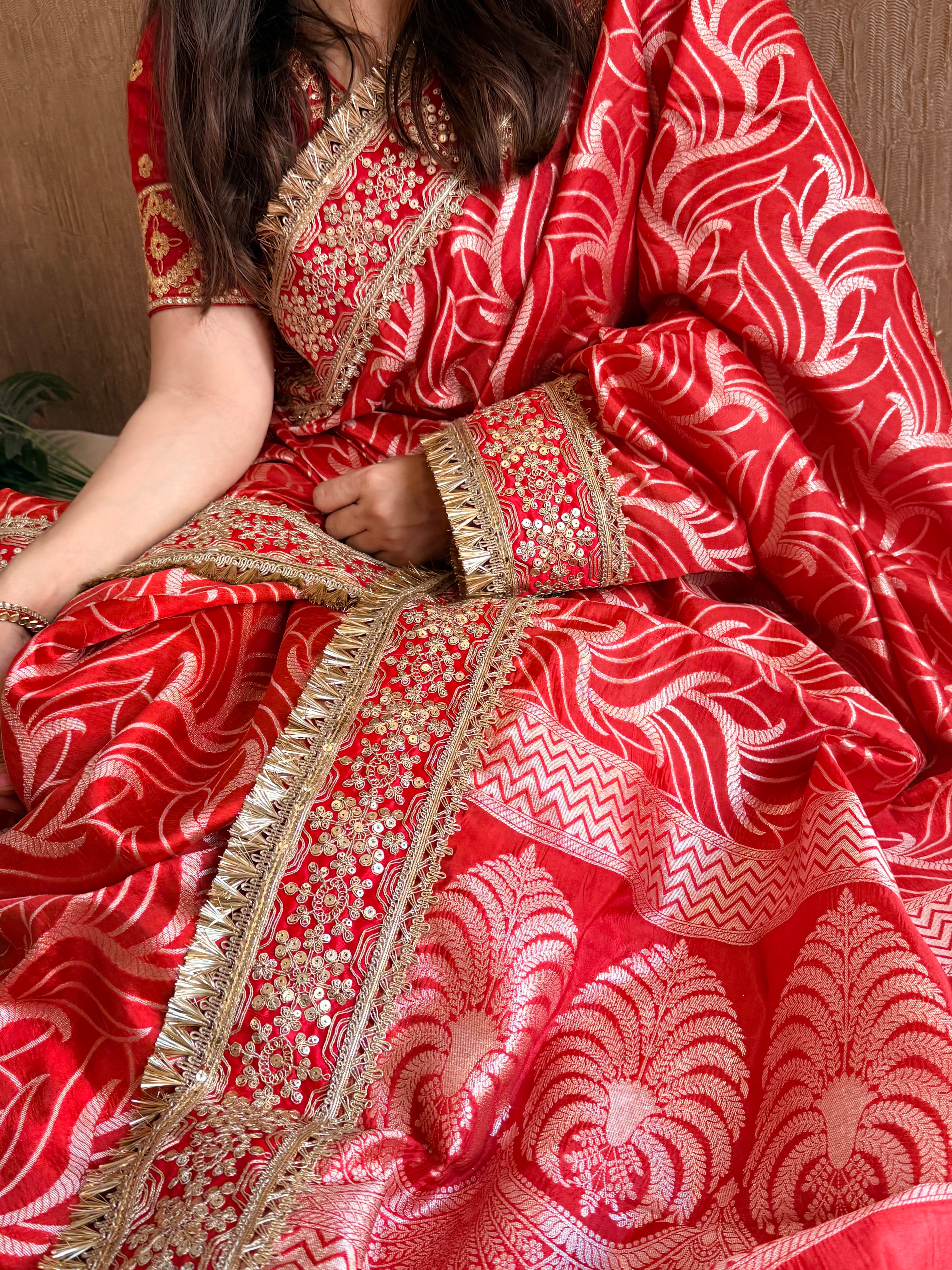 Bridal red raw mango soft silk tissue silk abstract weaving saree
