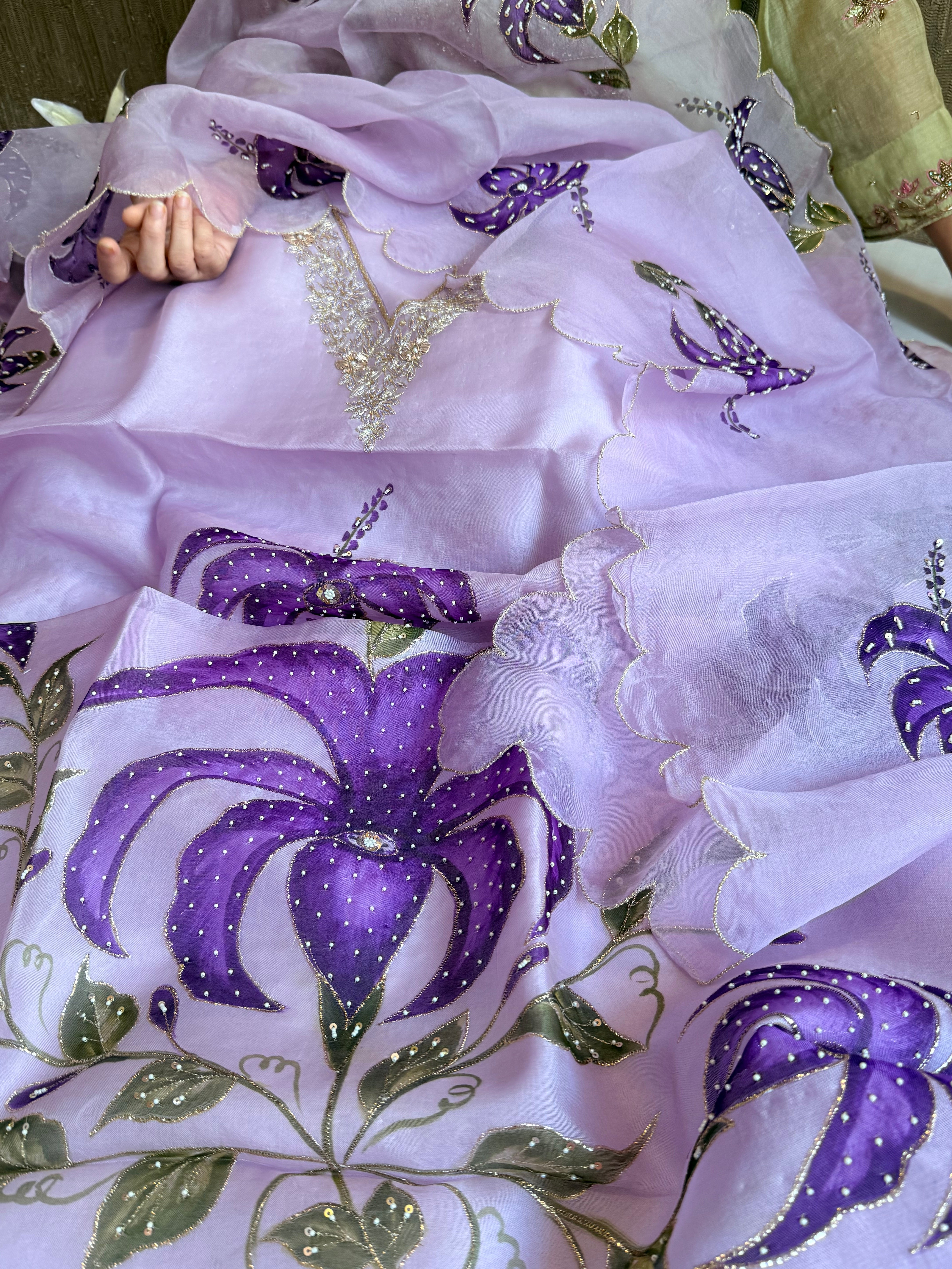 Banarasi Kora silk hand embroidered floral printed suit set