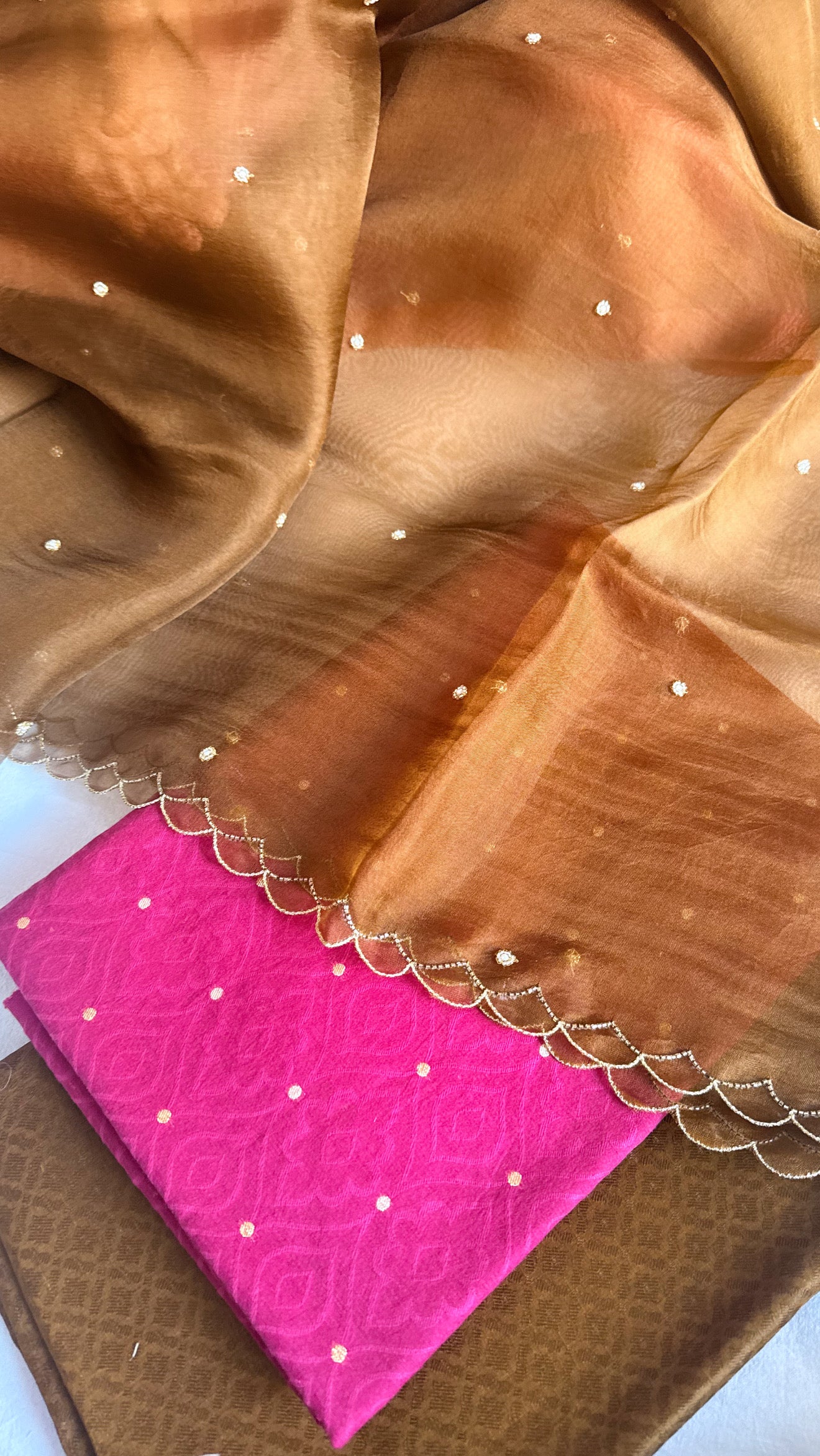 Summer suits under 8k - Mul cotton hot pink pink kurta paired with chocolate scalloped kora silk duppata