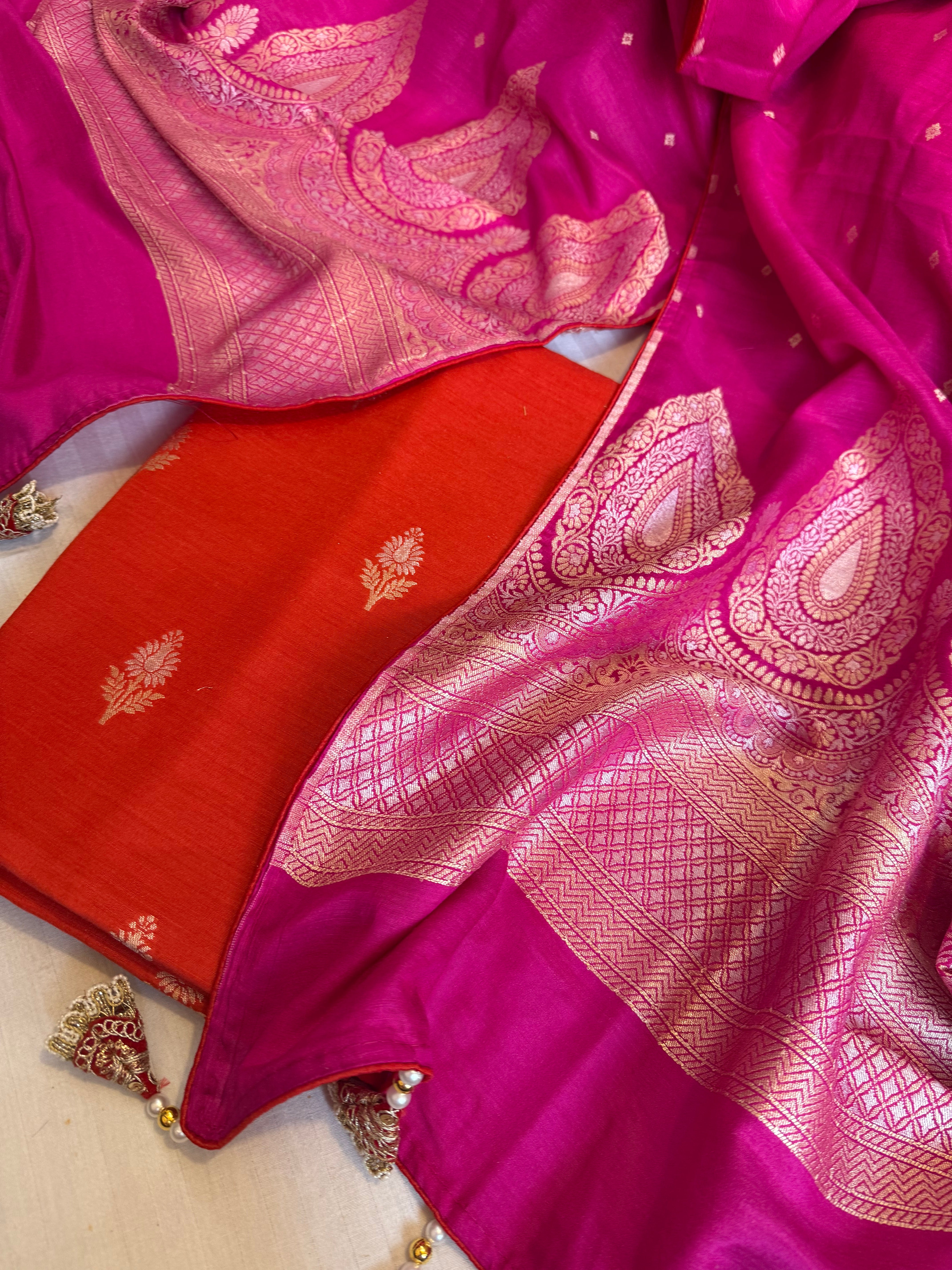Moonga silk fanta orange - hot pink kadhwa suit set with latkans