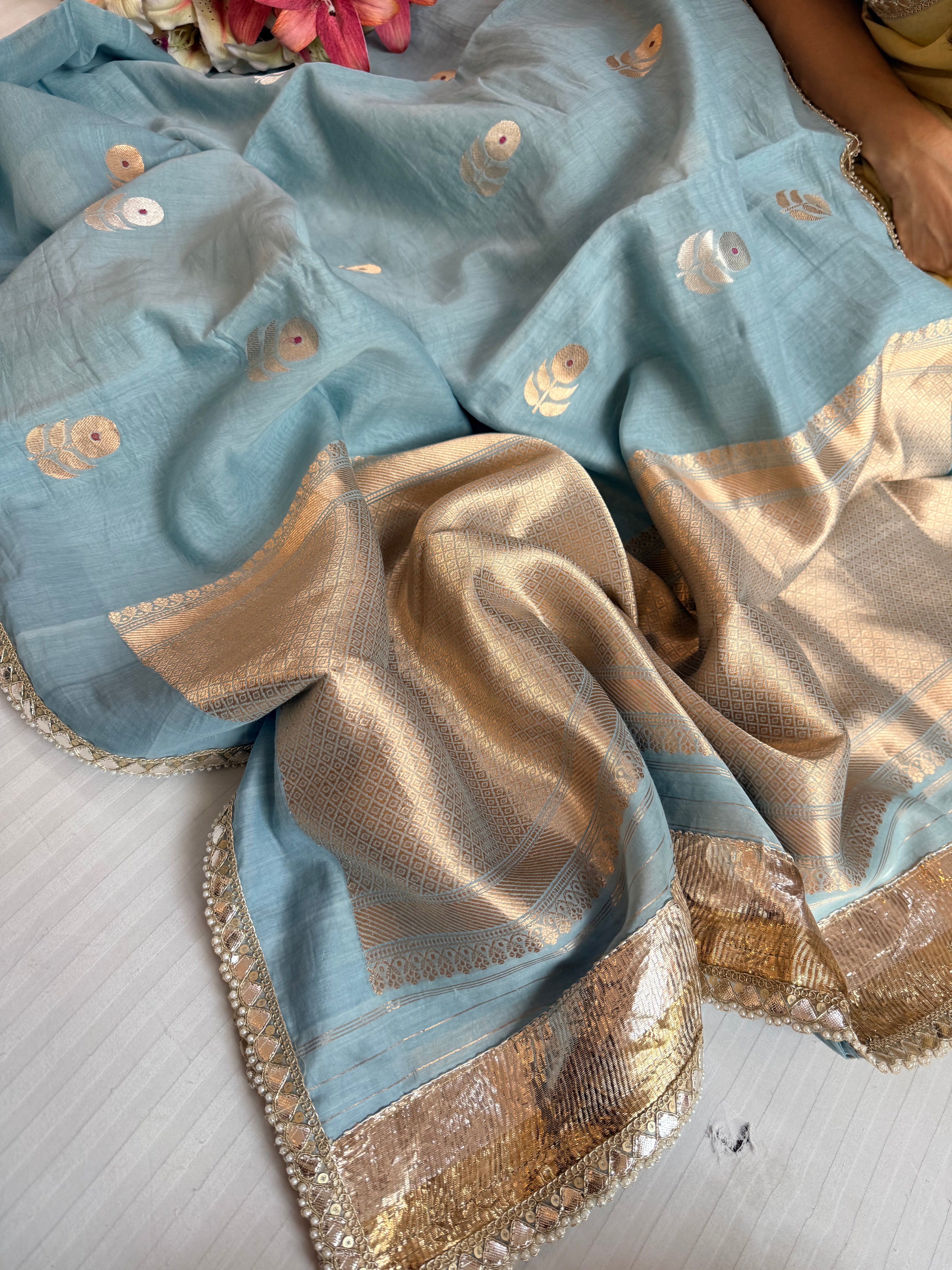 Handloom mulmul cotton silk sarees with beautiful lampi gota lace