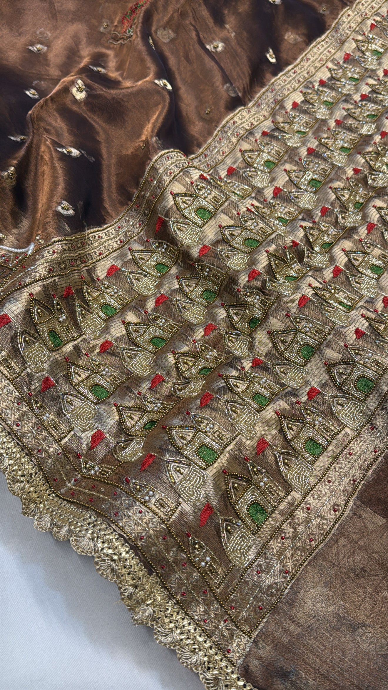 Gangakinare chocolate brown hand embroidered edit tissue silk saree