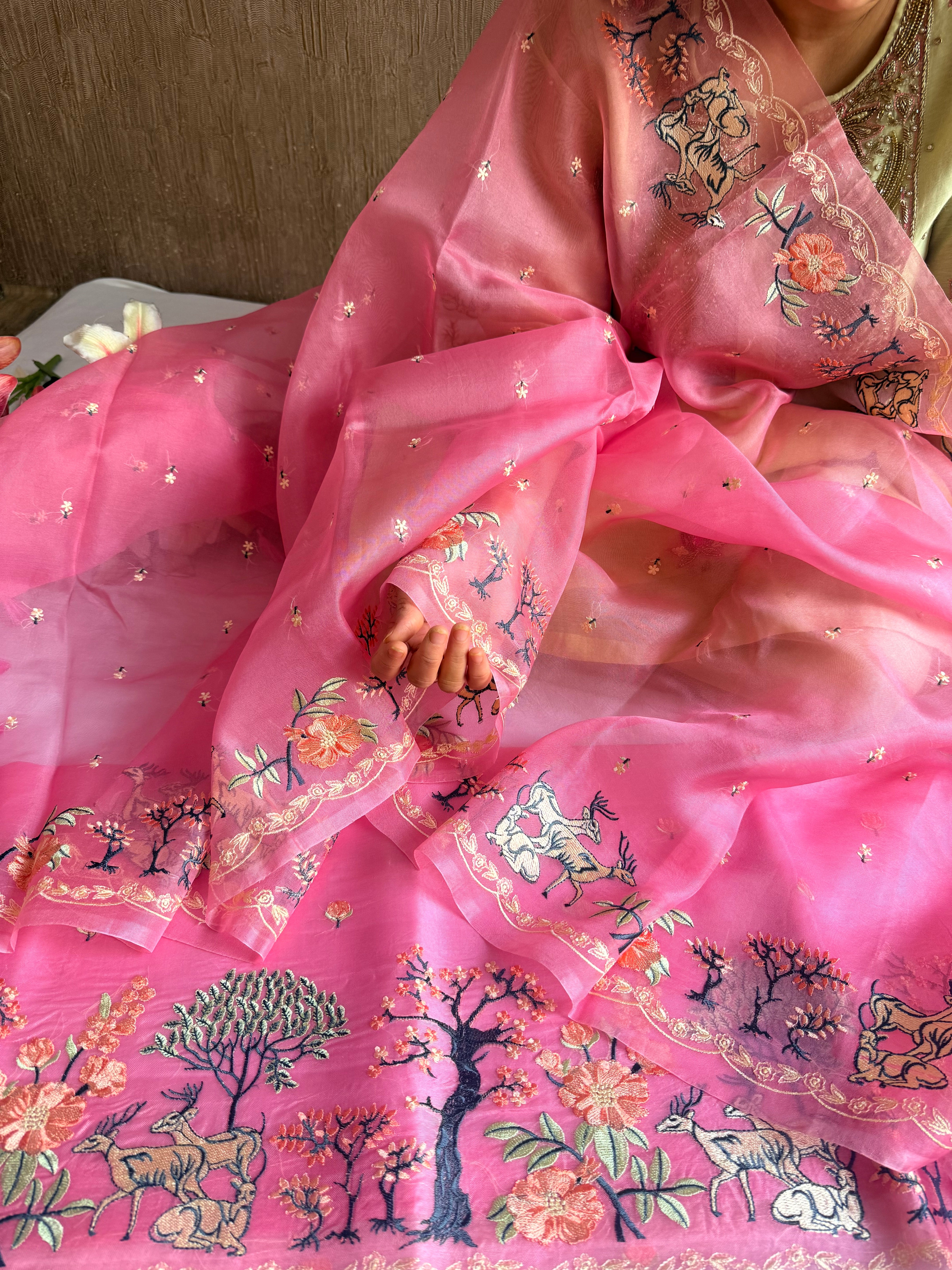 Parsigara kora silk bagh motif hand embroidered suit sets