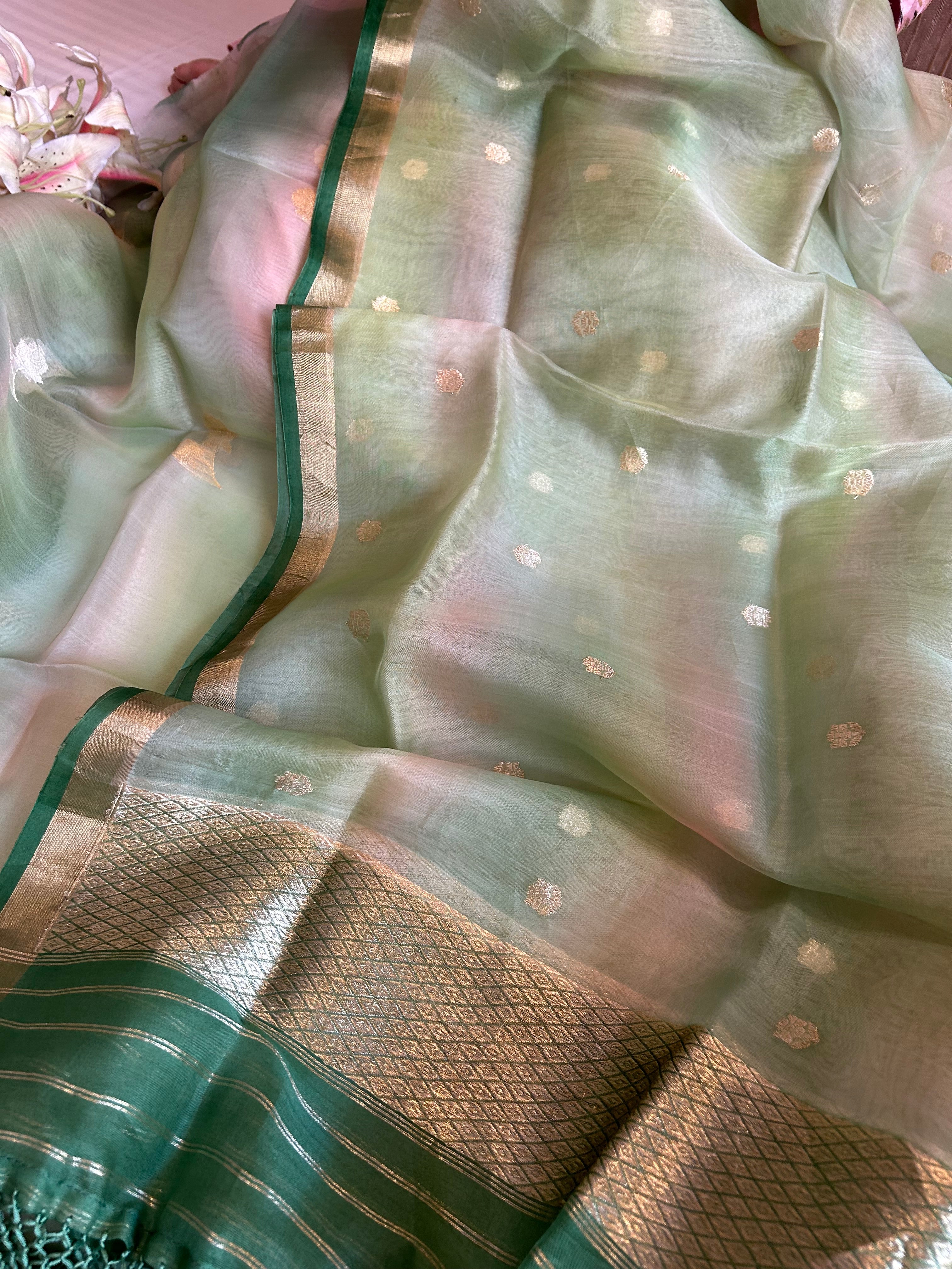 Rainbow dye banarasi kora silk kadhwa buti suit sets
