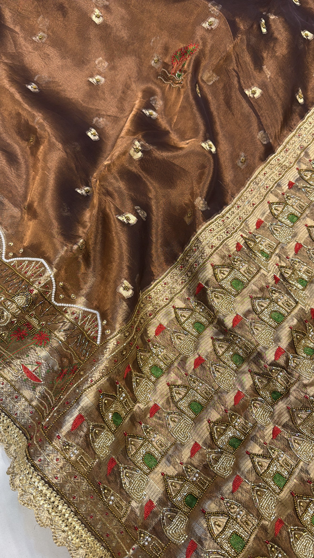 Gangakinare chocolate brown hand embroidered edit tissue silk saree