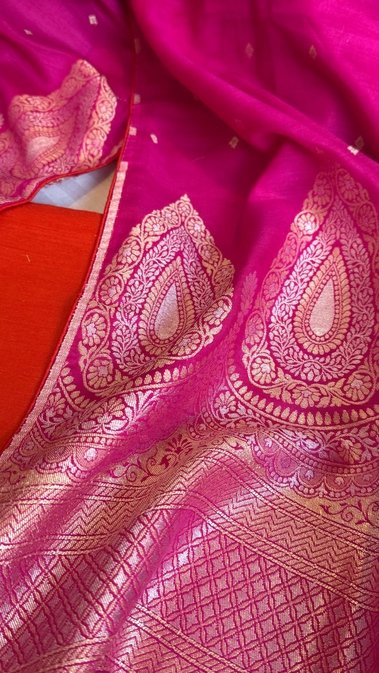 Moonga silk fanta orange - hot pink kadhwa suit set with latkans