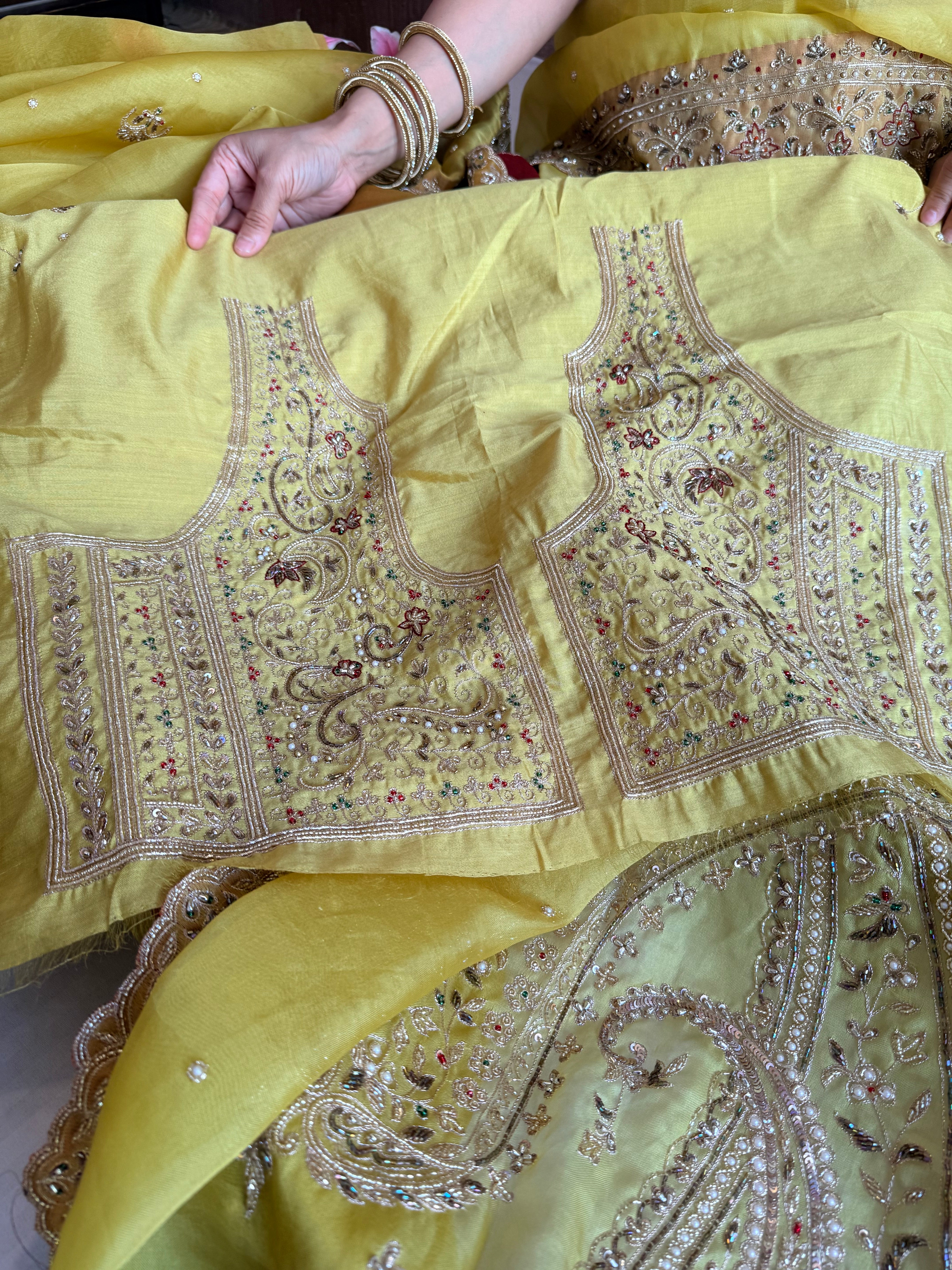 Mummy ki purani wali saree edit - Pineapple yellow kora silk kadhwa hand embroidered saree