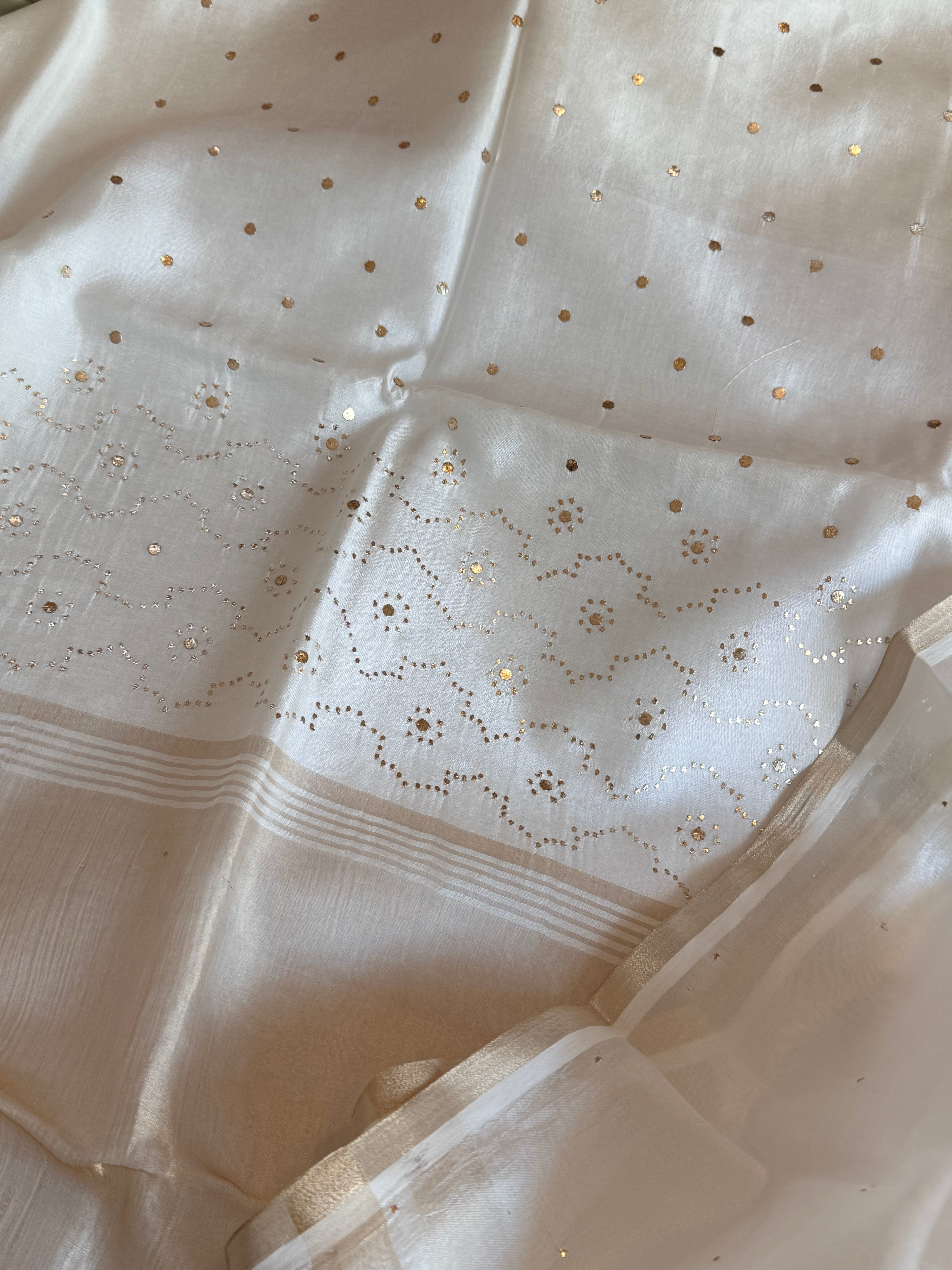 Pearl white spun chiniya silk mukaish hand embroidered suit sets