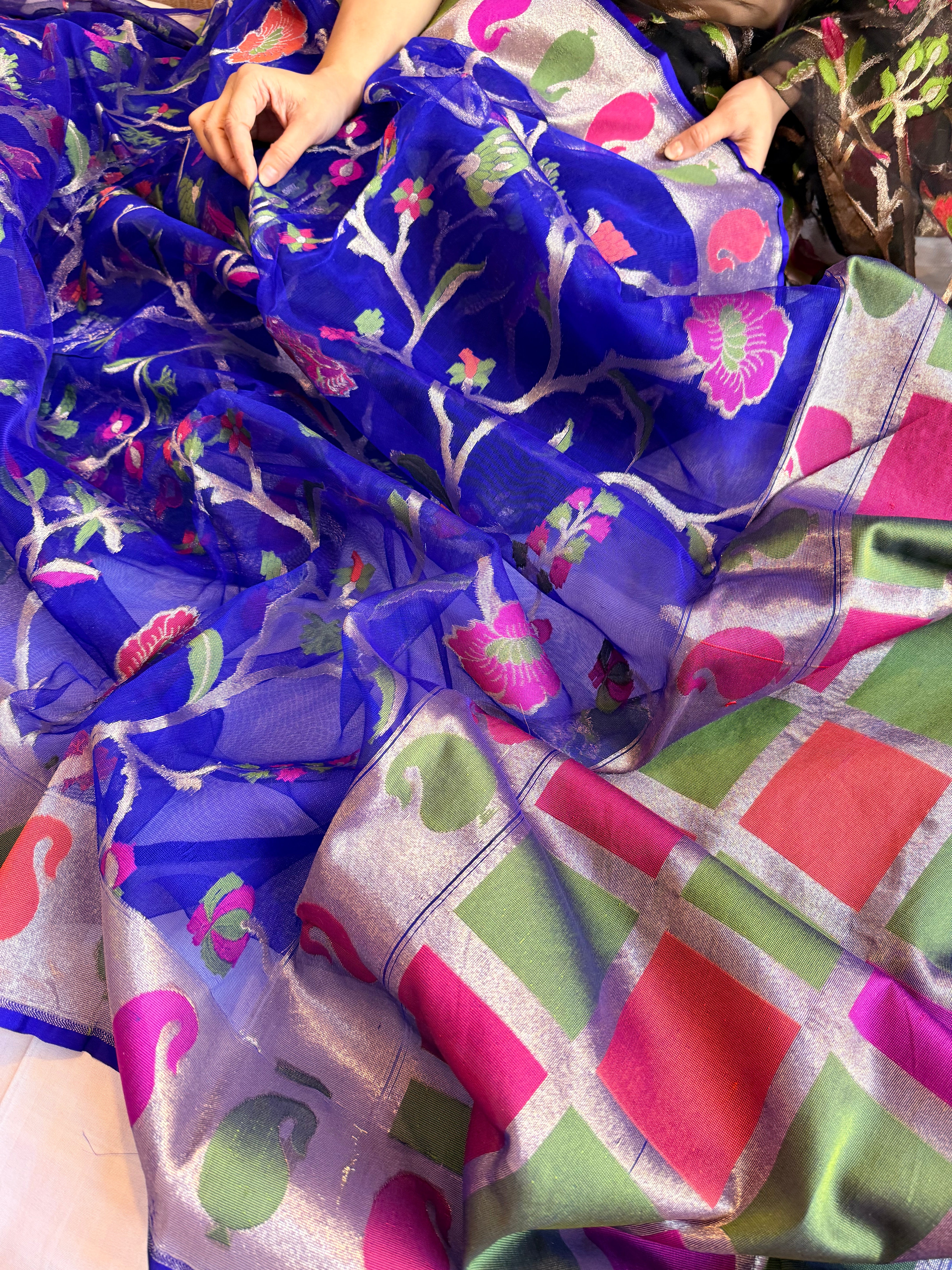 Electric blue silk net jamdani weaving meenakari kadhwa saree