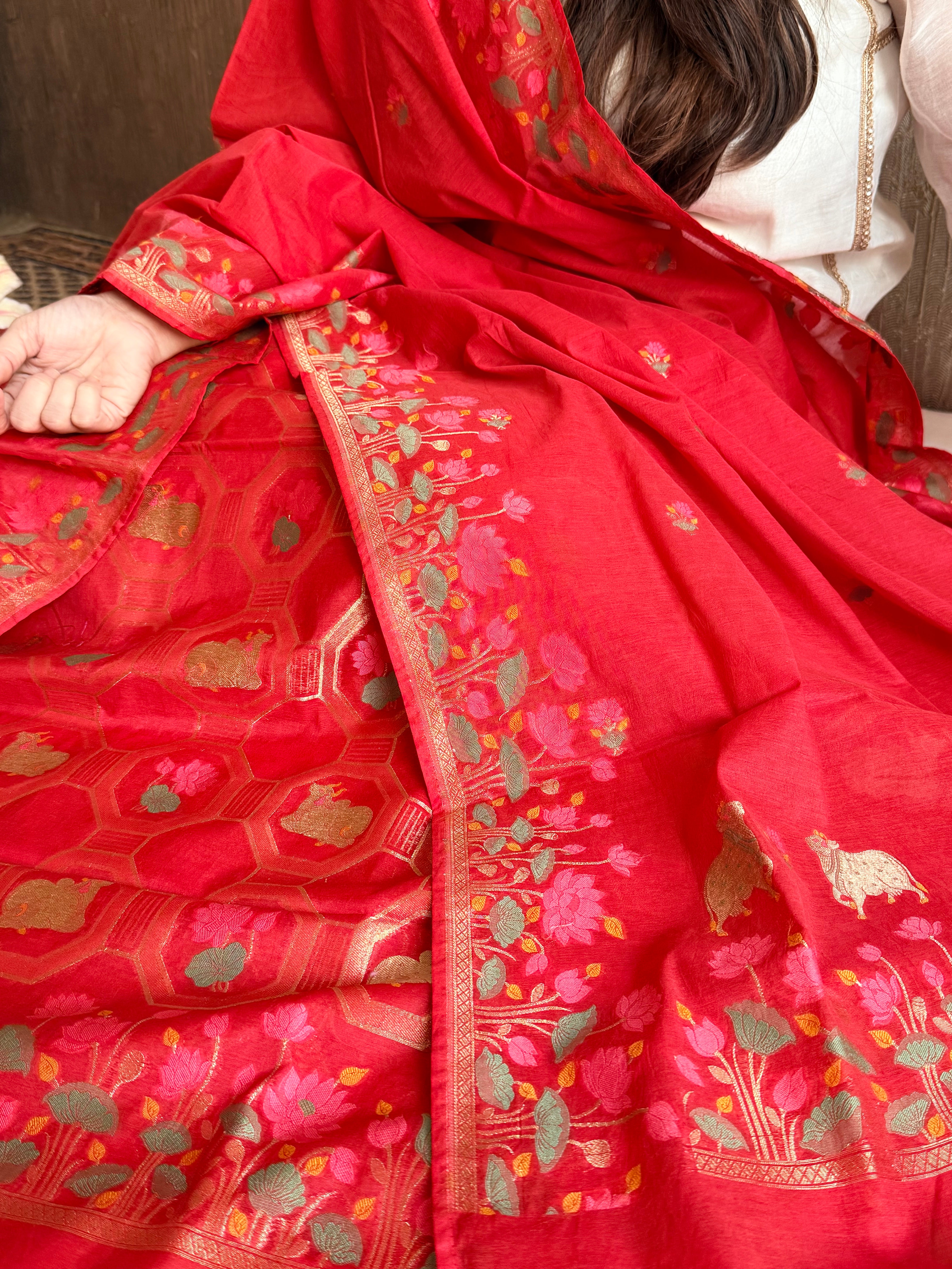 Mul cotton banarasi meenakari nandu motif suit sets