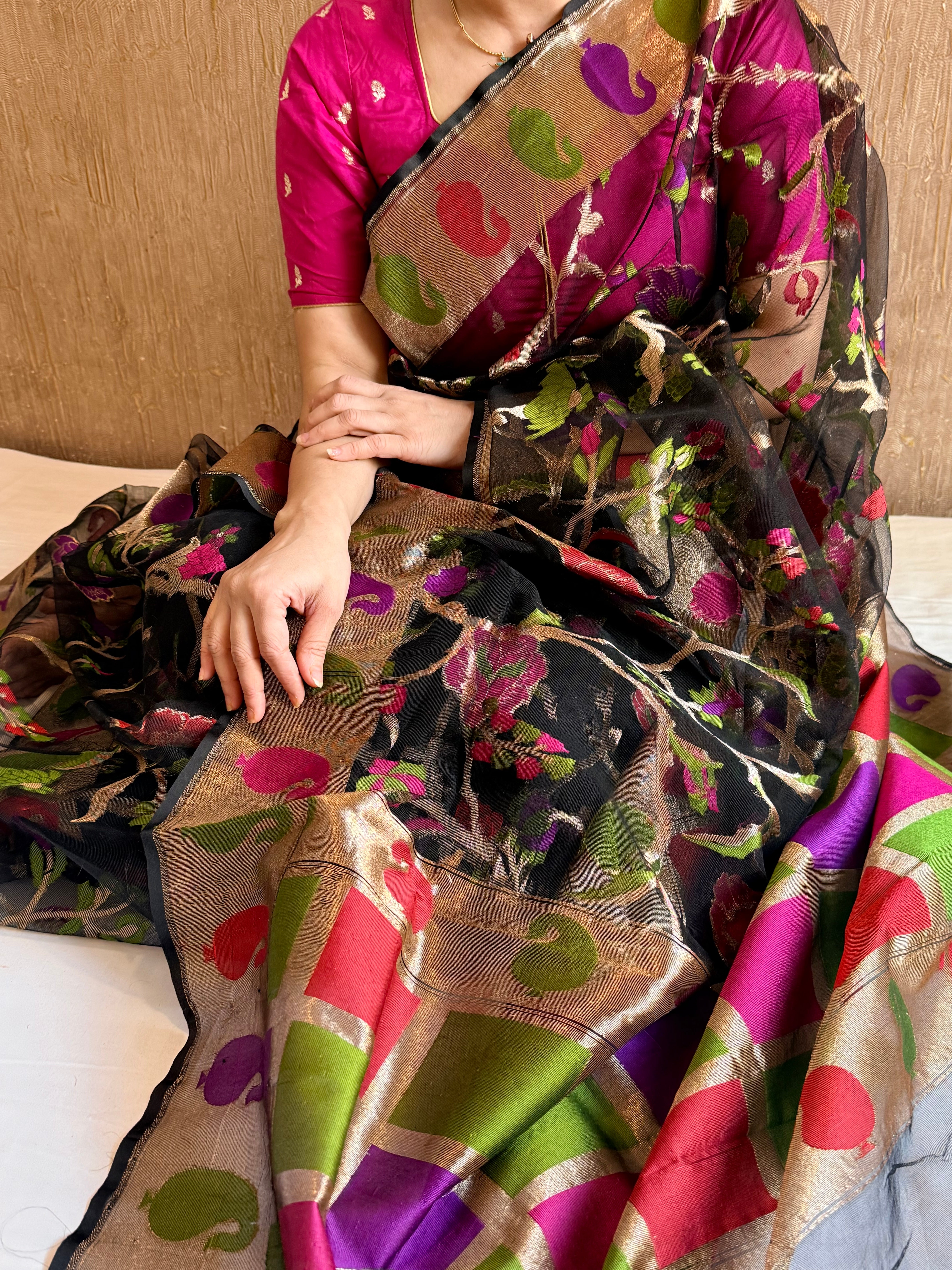Black silk net jamdani weaving meenakari kadhwa saree