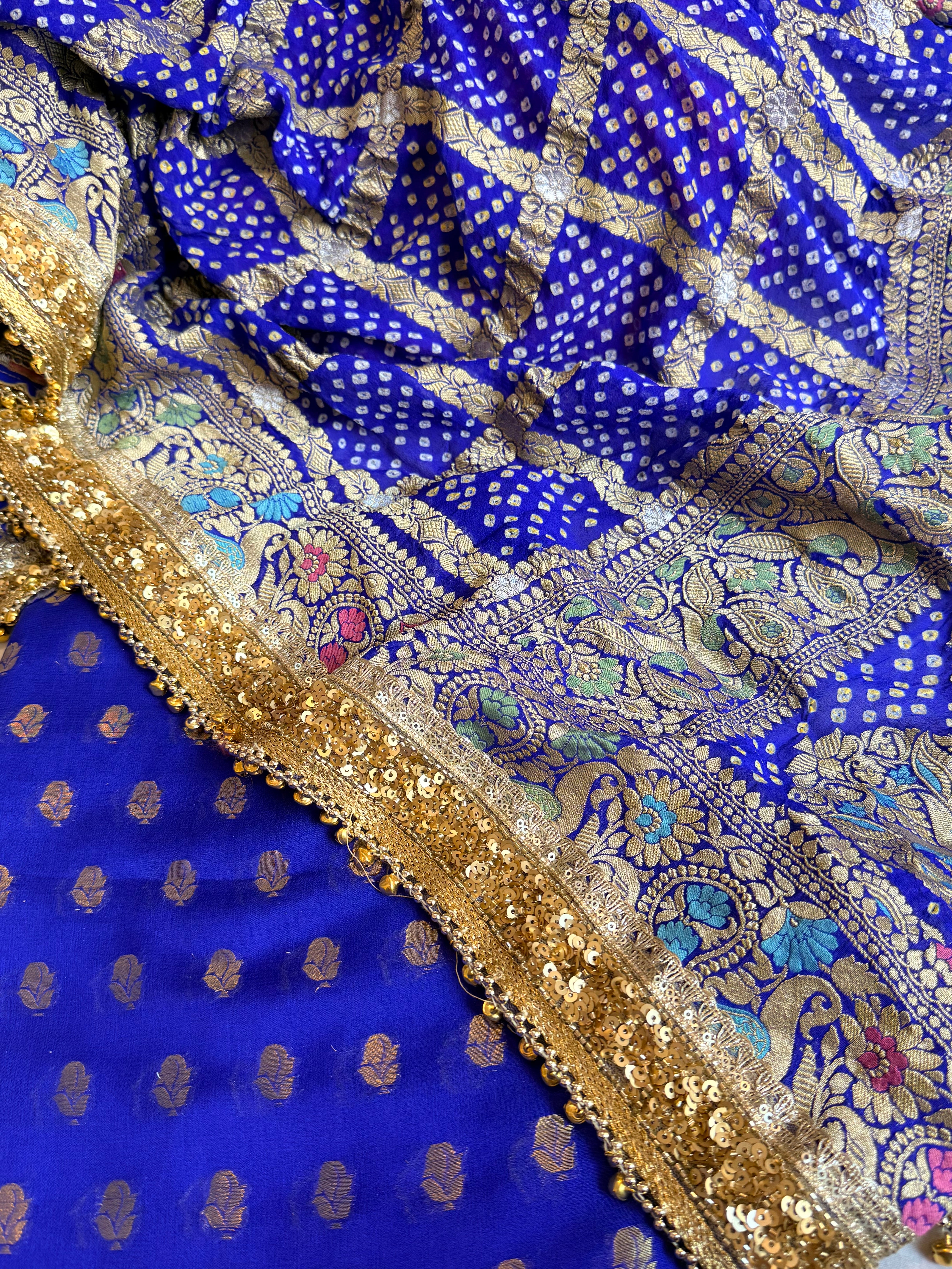 Banarasi bandhej electric blue ghungroo and sequin work chiffon gorgette kadhwa suit set
