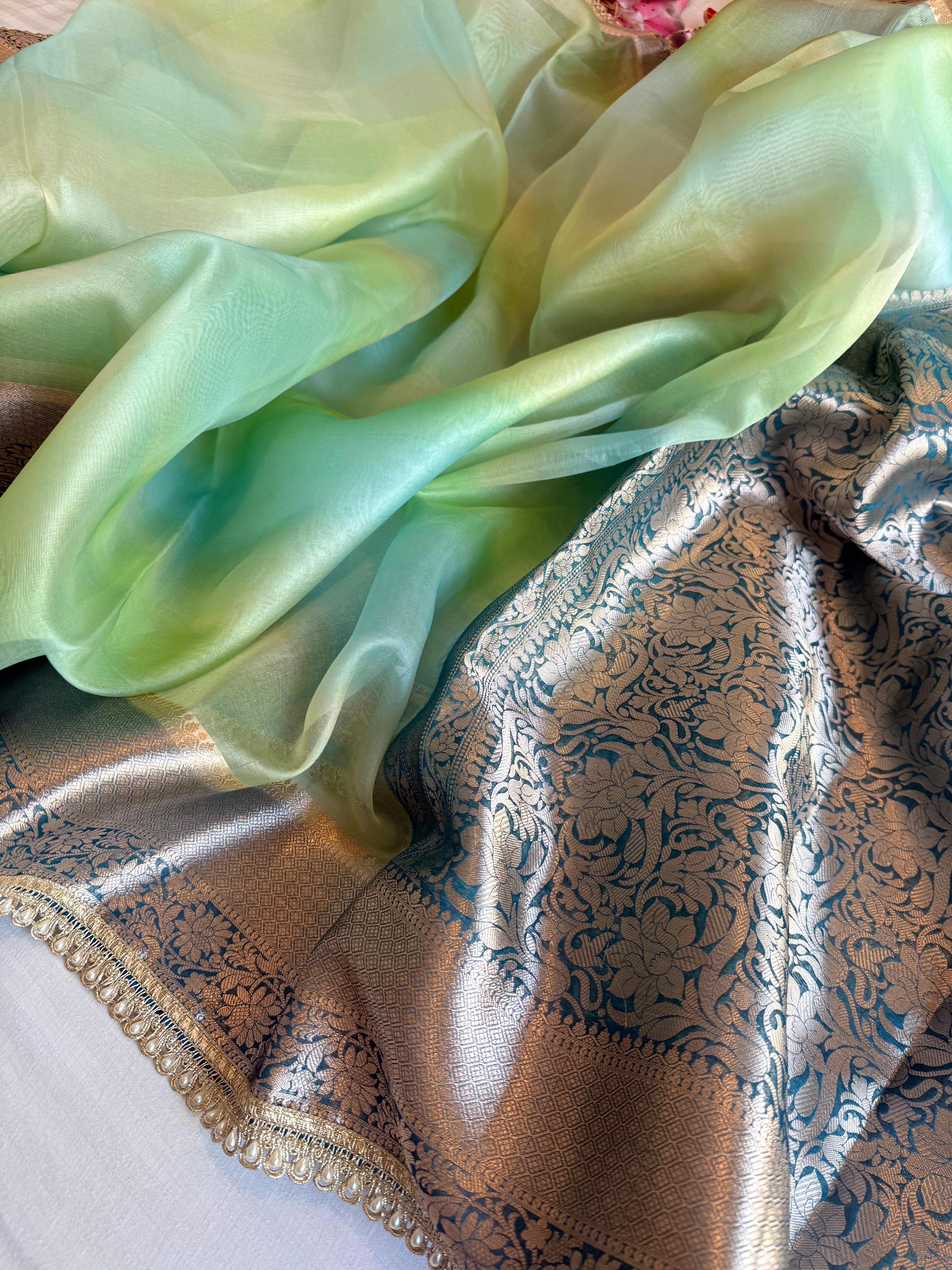 Banarasi kora silk rainbow dyed kadhwa saree with gotapatti work