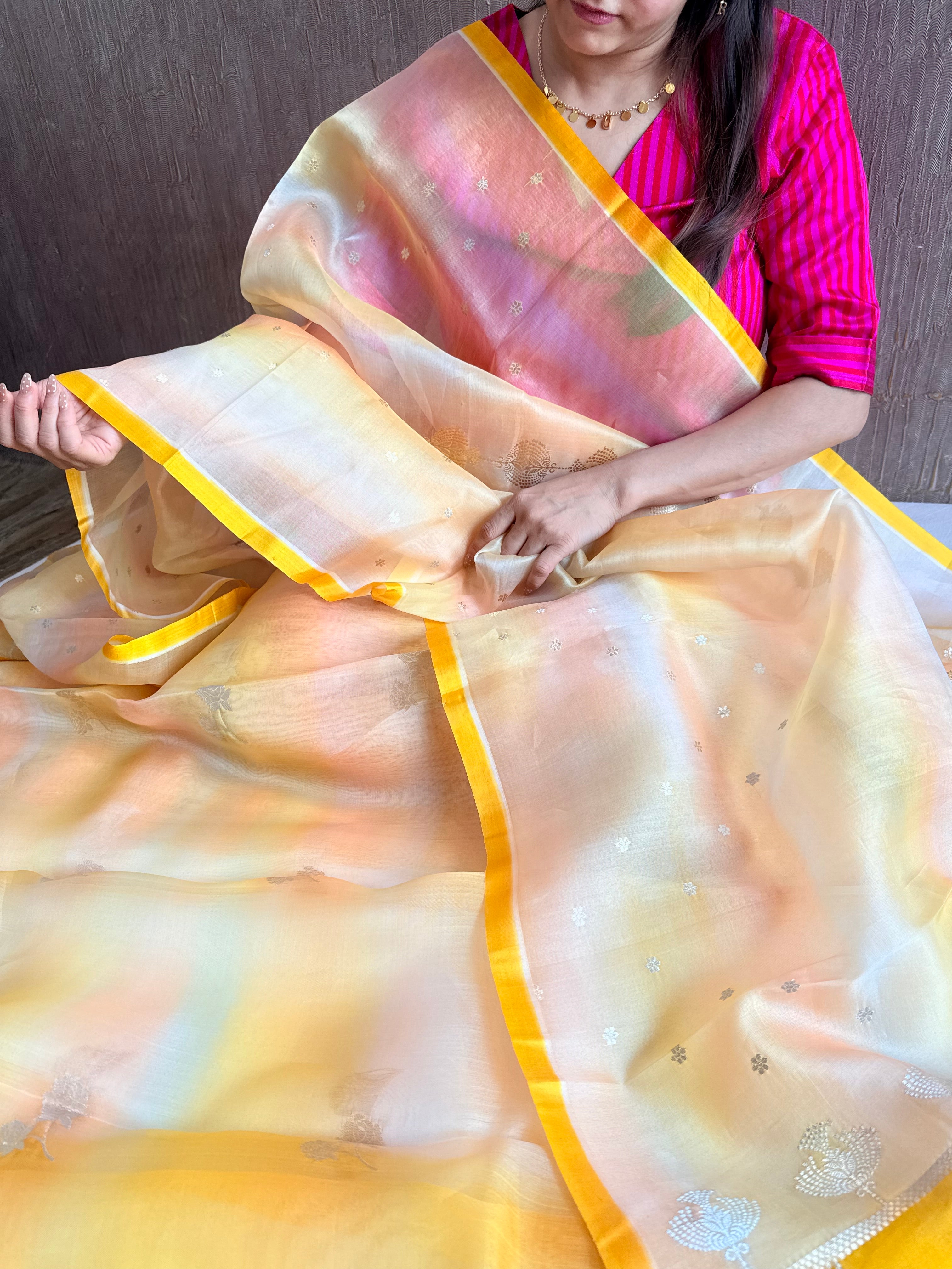 Pastel shaded kora silk rainbow dye kadhwa banarasi suit set