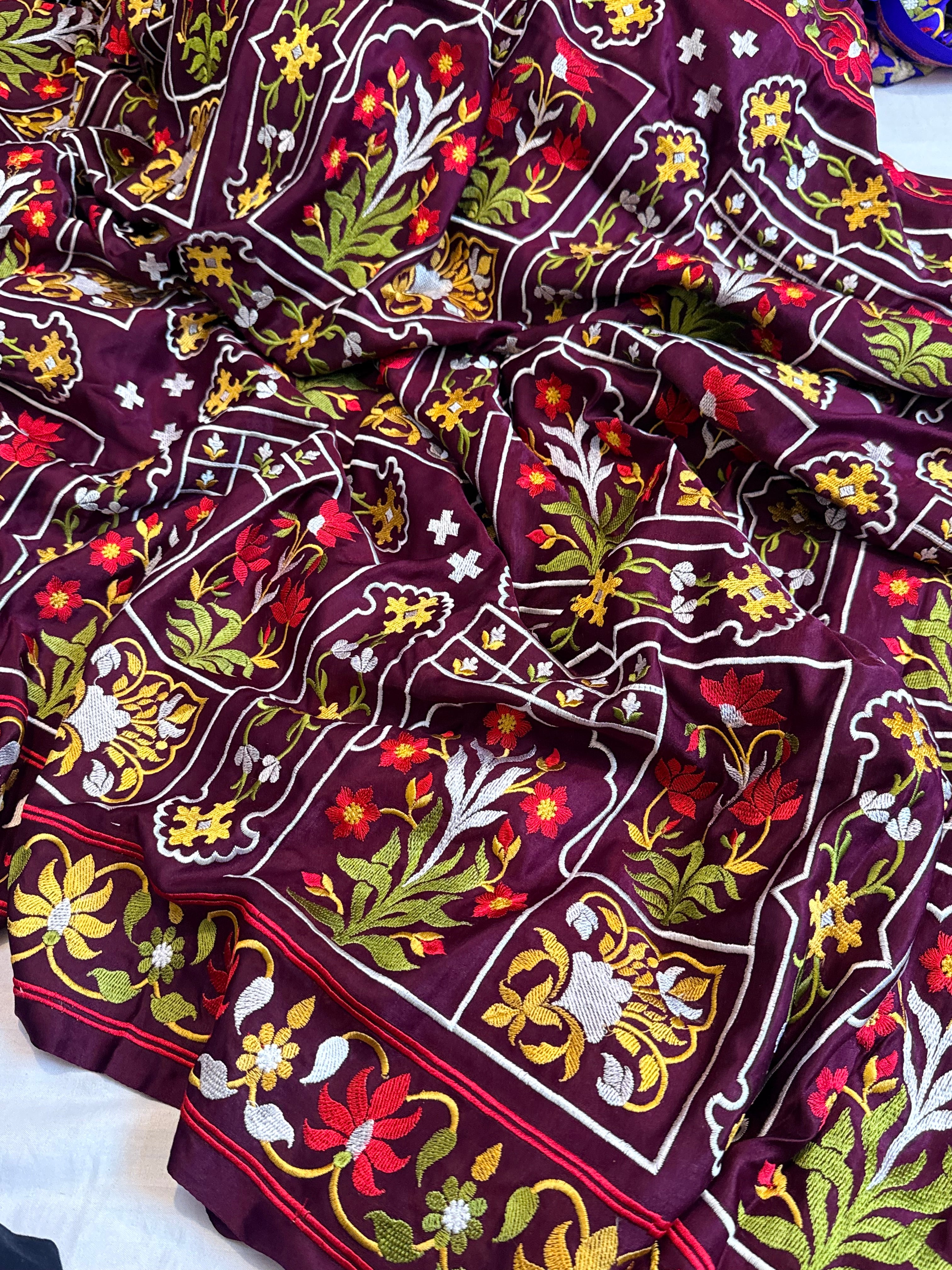 Jamdani hand embroidered wine mashru silk thread embroidered saree