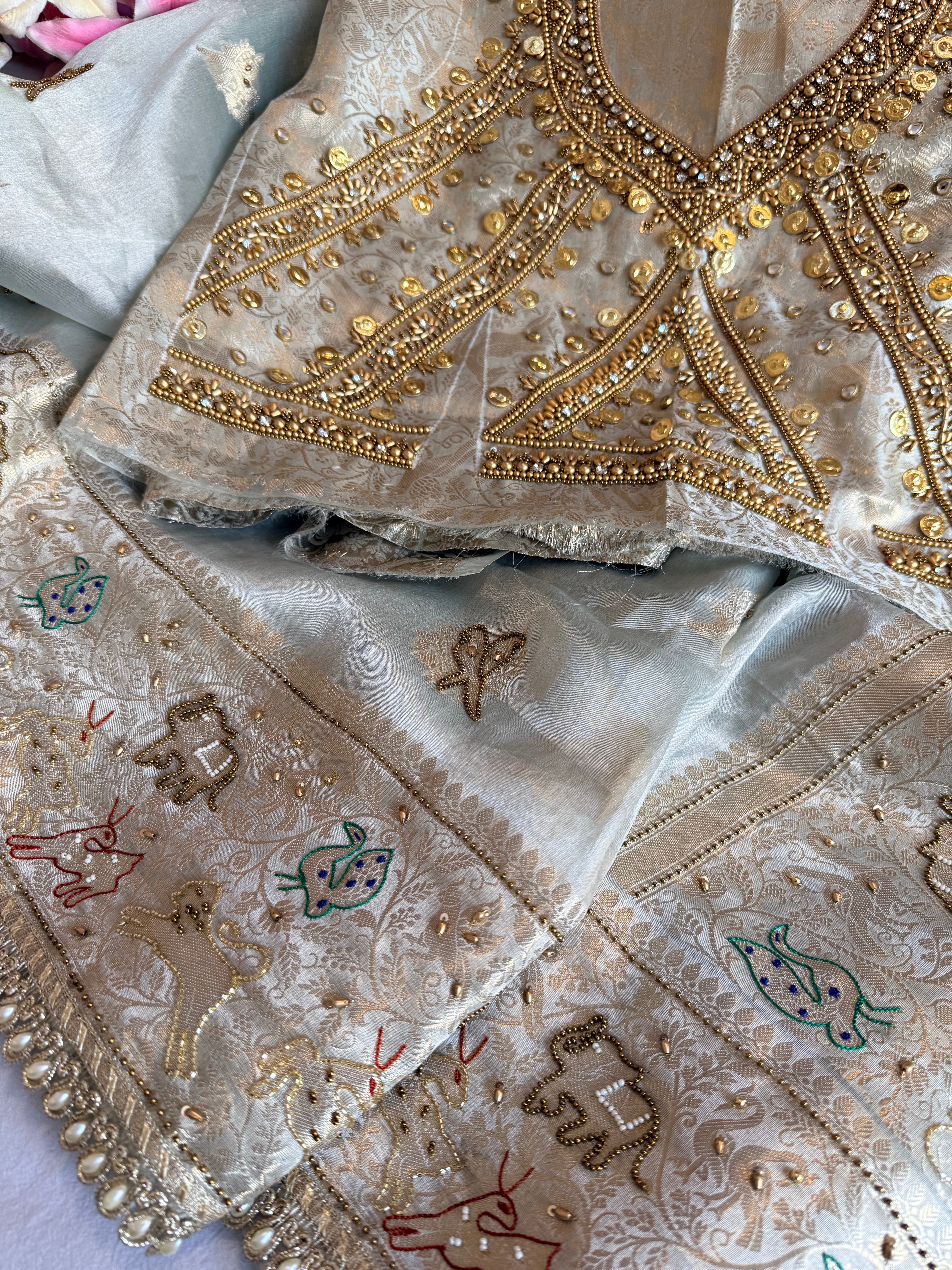 Vrindavan edit saree - Ice blue diamond tissue silk hand embroidered jadau work saree