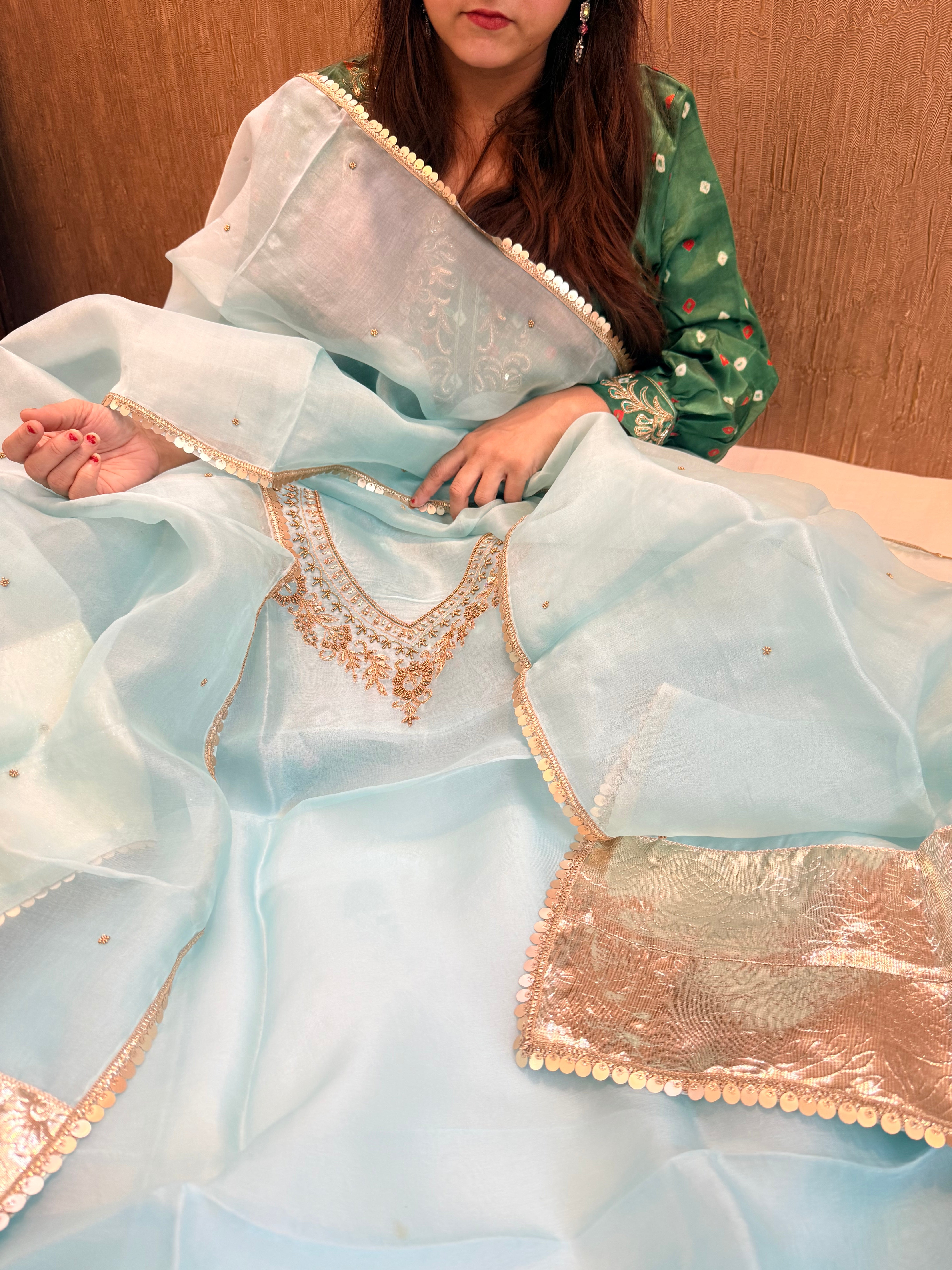 Ice blue kora silk gotapatti hand embroidered suit set