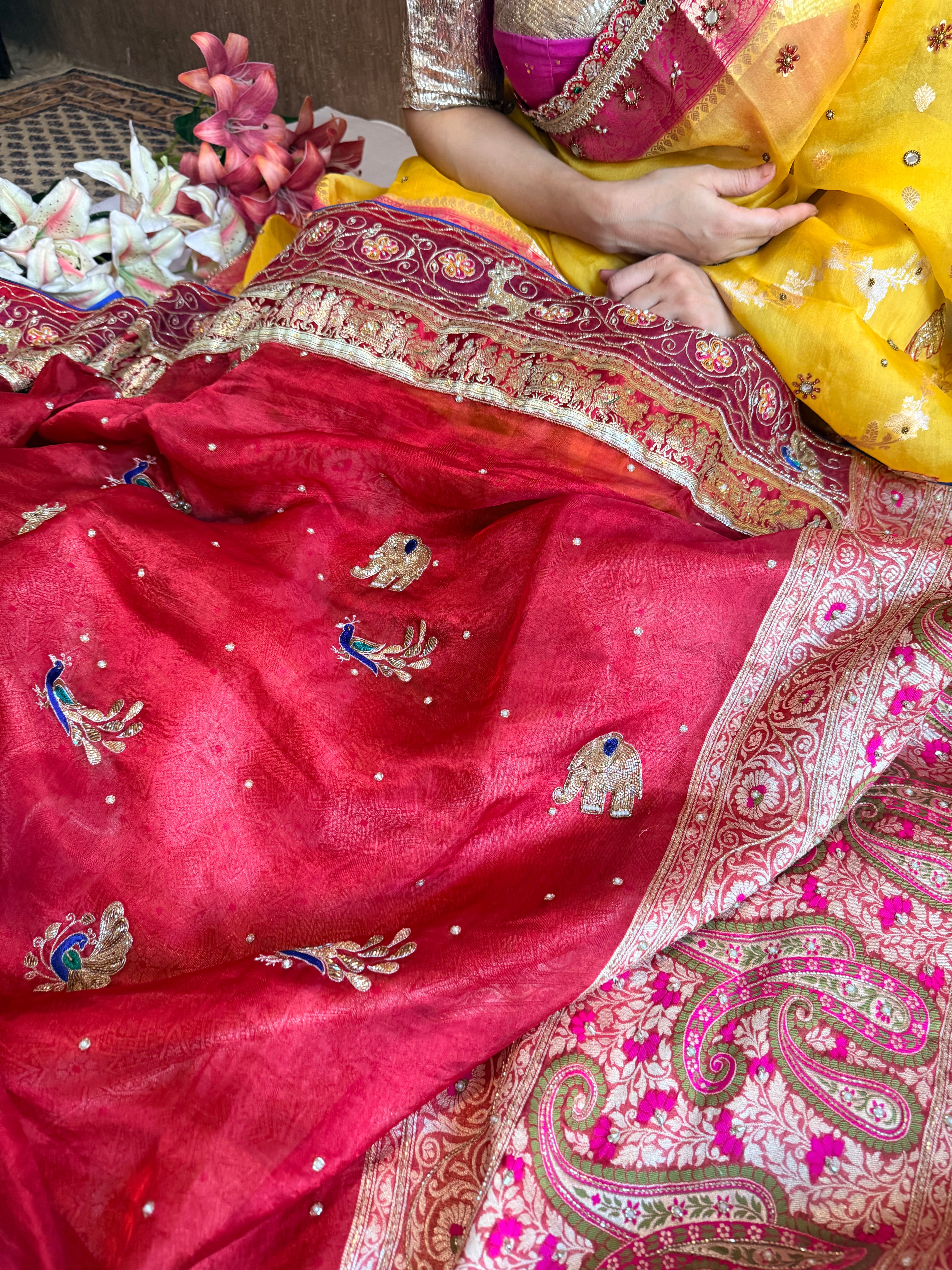 Laal banarasi border phere wali tissue silk meenakari hand embroidered saree