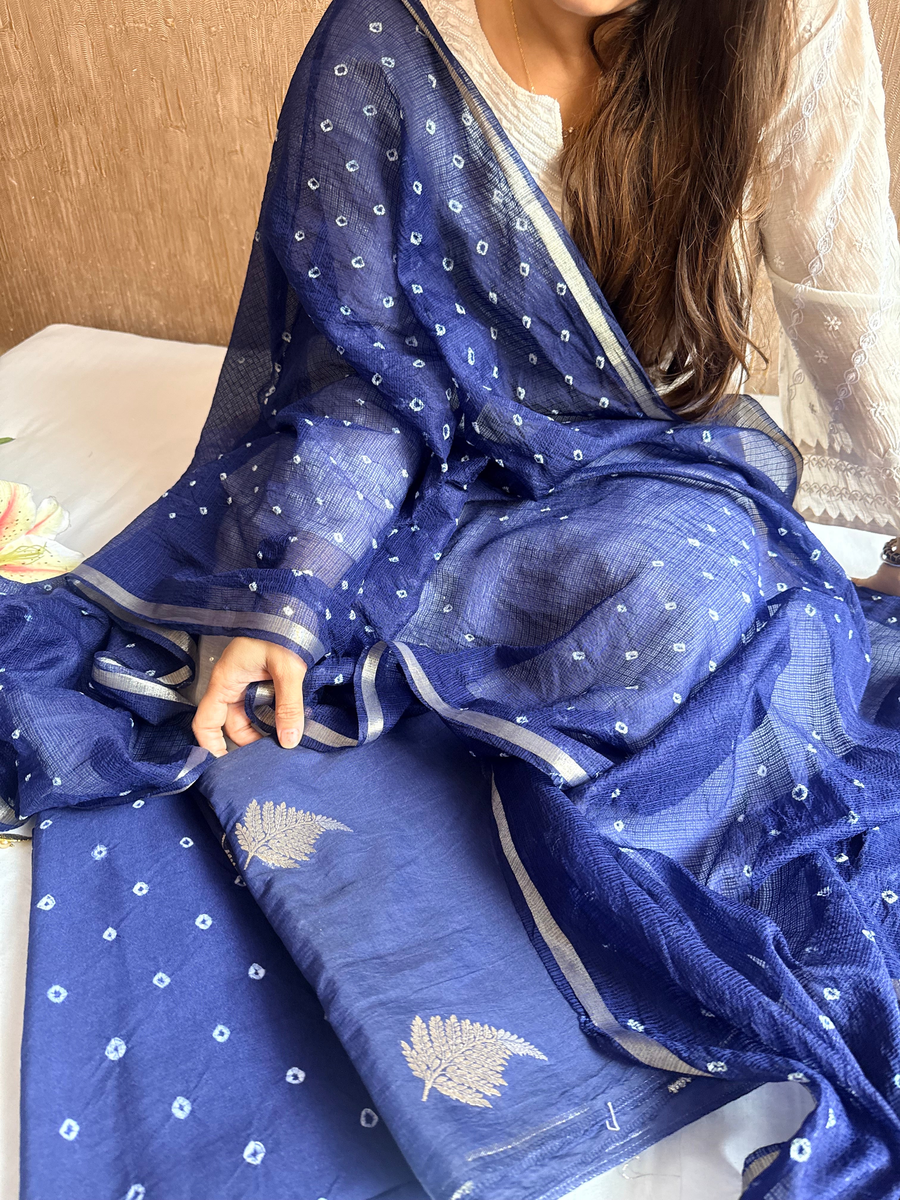 Below 8k- Mul cotton handloom kurta paired with bandhej dyed kota silk duppata set