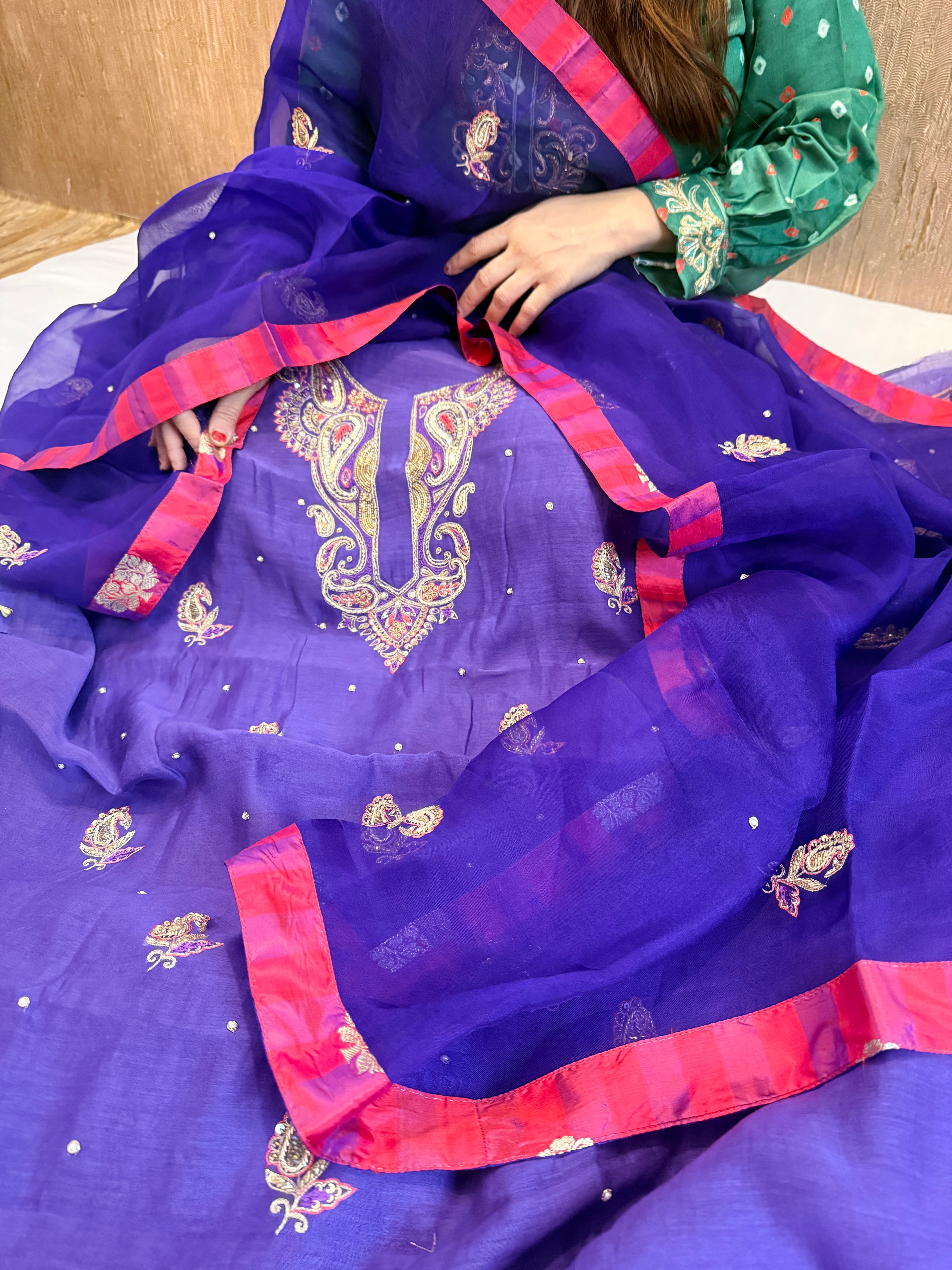 Electric blue kora silk gotapatti hand embroidered suit set